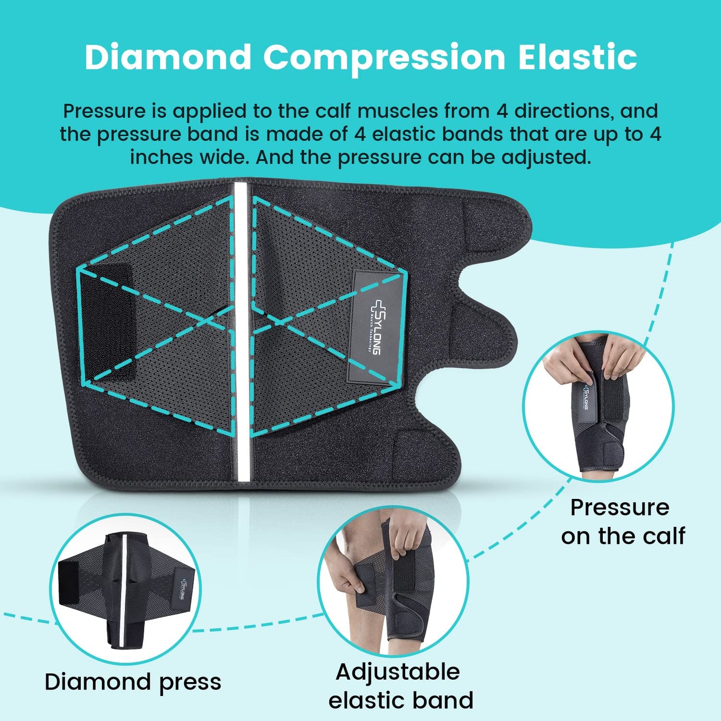Sylong Calf Compression Wrap Brace for Men & Women, for Swelling Torn Calf Muscle, Diamond-shaped Elastic Band for Pressure, fit Varicose Vein Pain Relief -L/XL