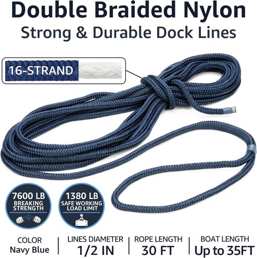 Double Braid Boat Dock Lines by [Brand Name] - Heavy Duty Nylon Ropes with 12" Spliced Eye | 1/2" x 30' - Soft & Durable for Pontoon and Light Boats (Navy Blue)