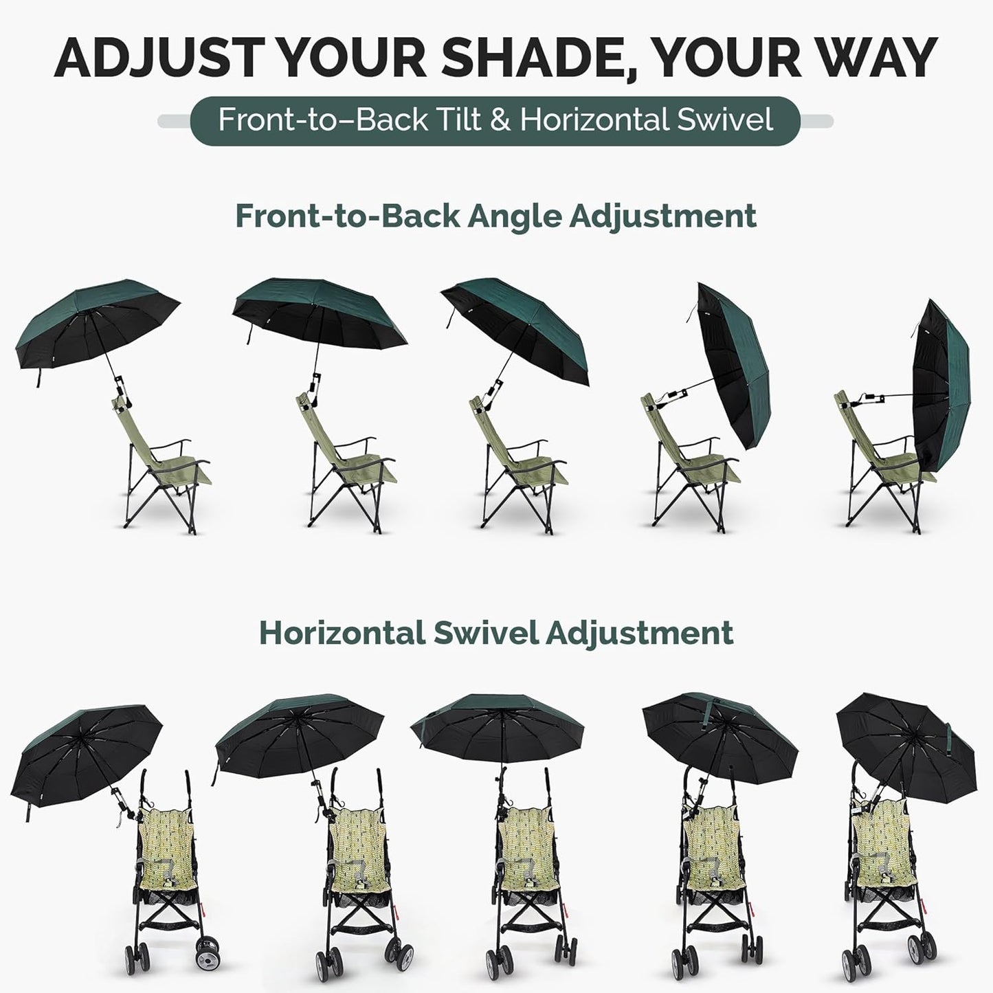 Universal Adjustable Clamp Beach Chair Umbrella by [Brand Name] - Lightweight Portable Sunshade for Strollers, Pools, and Camping (Dark Green)
