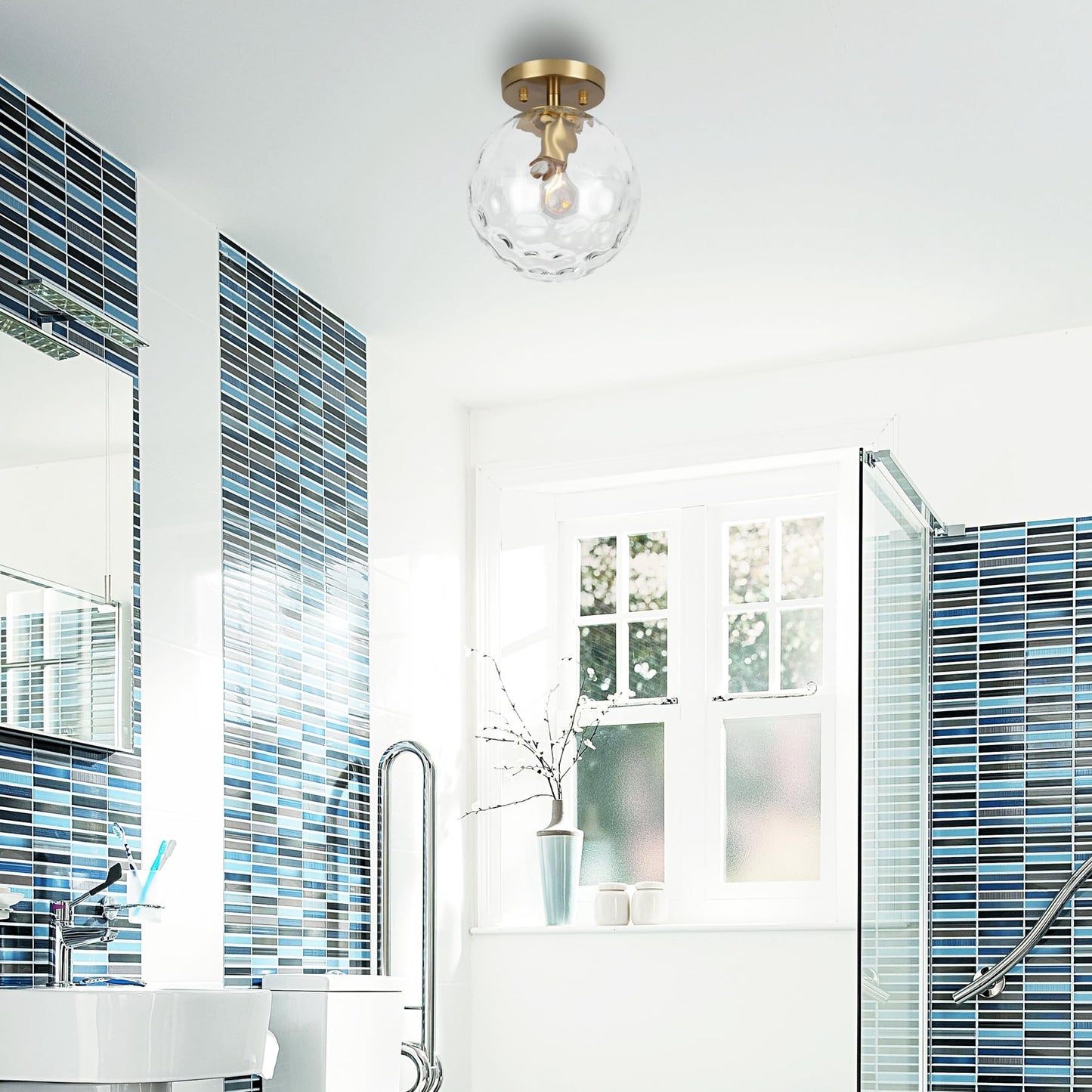 ALICE HOUSE 2 Pack 8-inch Modern Flush Mount Light, Hammered Glass Ceiling Light, Brushed Brass Hallway Light Fixtures for Bedroom, Closet, Entryway, Bathroom, Kitchen AL4201-S2GD