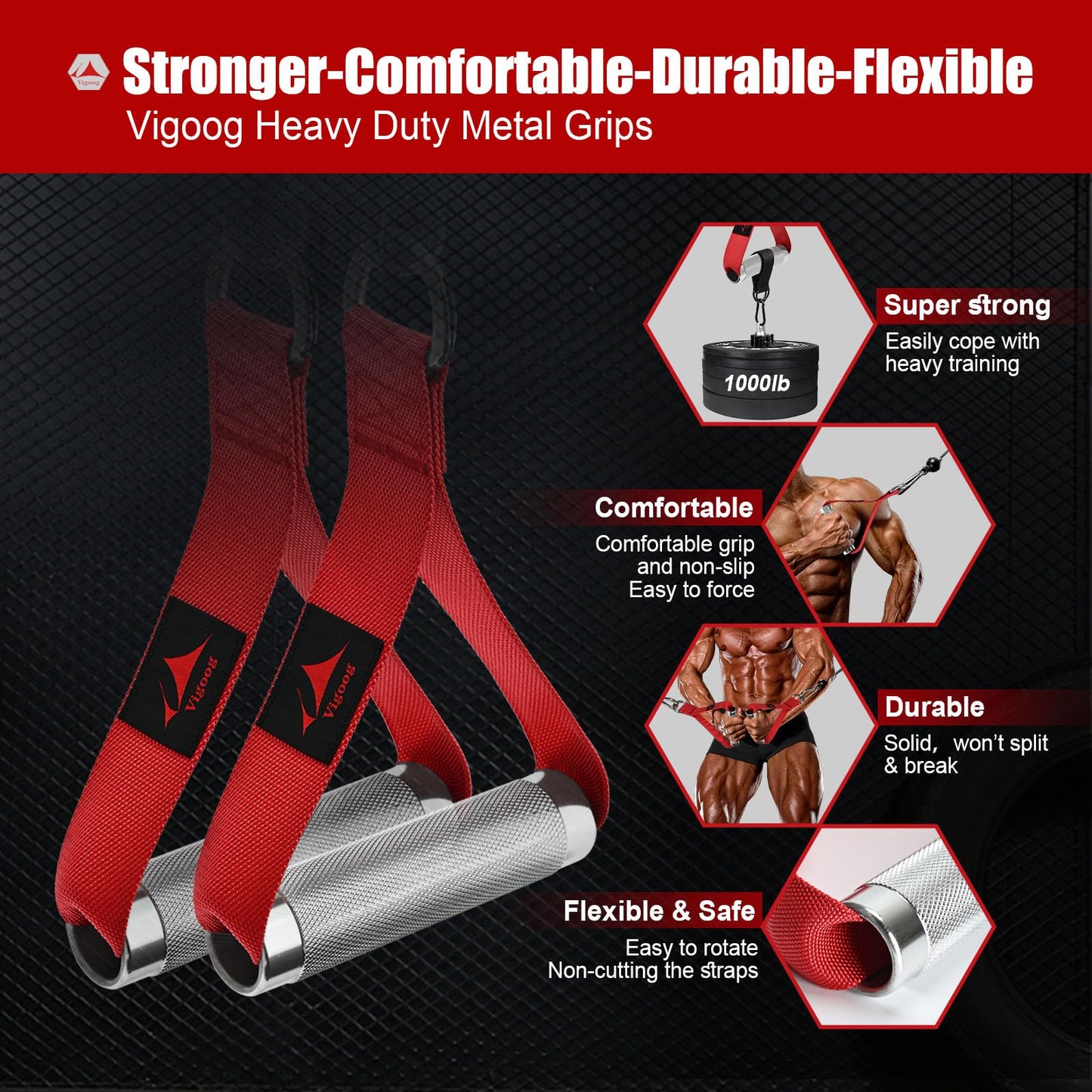 Pro Grade Metal Workout Handles, Heavy Duty Replacement Grip Attachments for Cable Machines, Resistance Bands, LAT Pulldown, Strength Exercise Home Gym & Commercial Fitness Equipment (Glory Red)