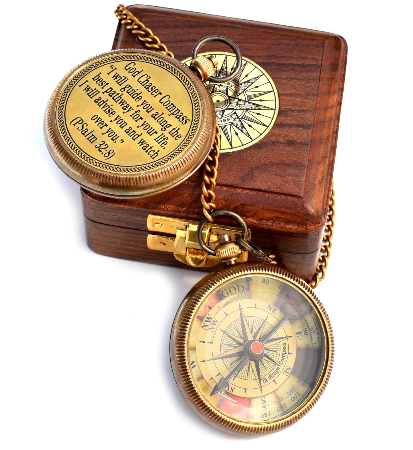 Christian Brass Compass (Psalm 32:8) with Display Box - Engraved Scripture Prayer Compass for Men & Women - Baptism, Confirmation, Communion & Graduation Gift