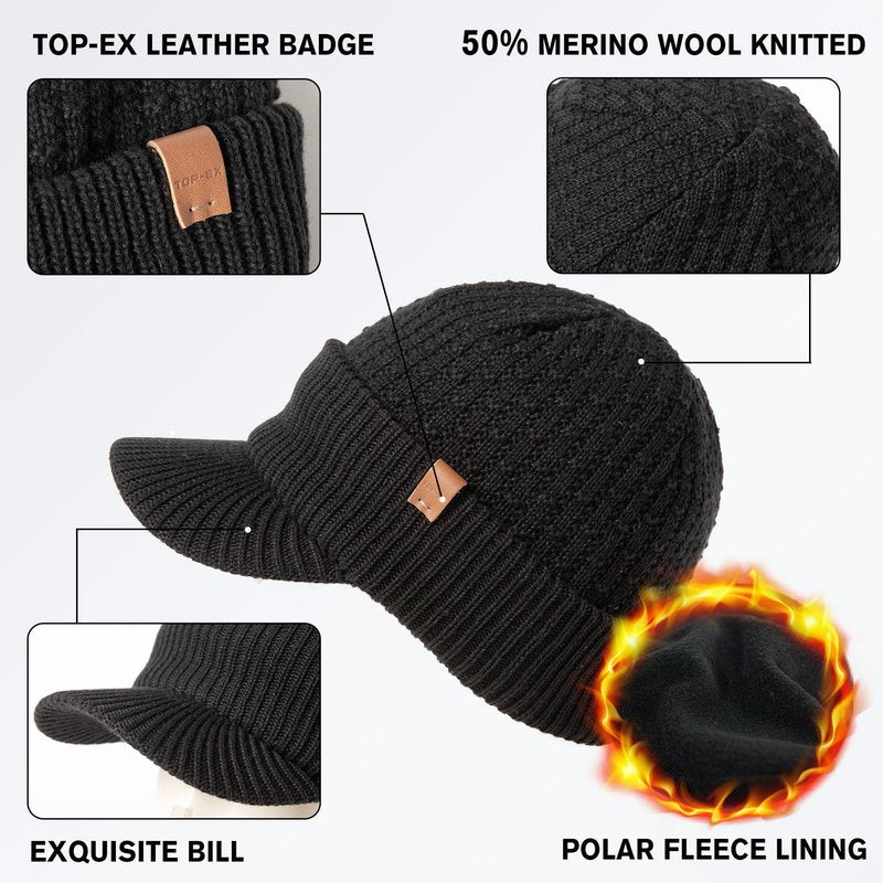TOP-EX 50% Merino Wool Winter Hats Beanie with Brim Waterproof Warm Fleece Lined for Cold Weather (US, Alpha, X-Large, XX-Large, Black (Waterproof))