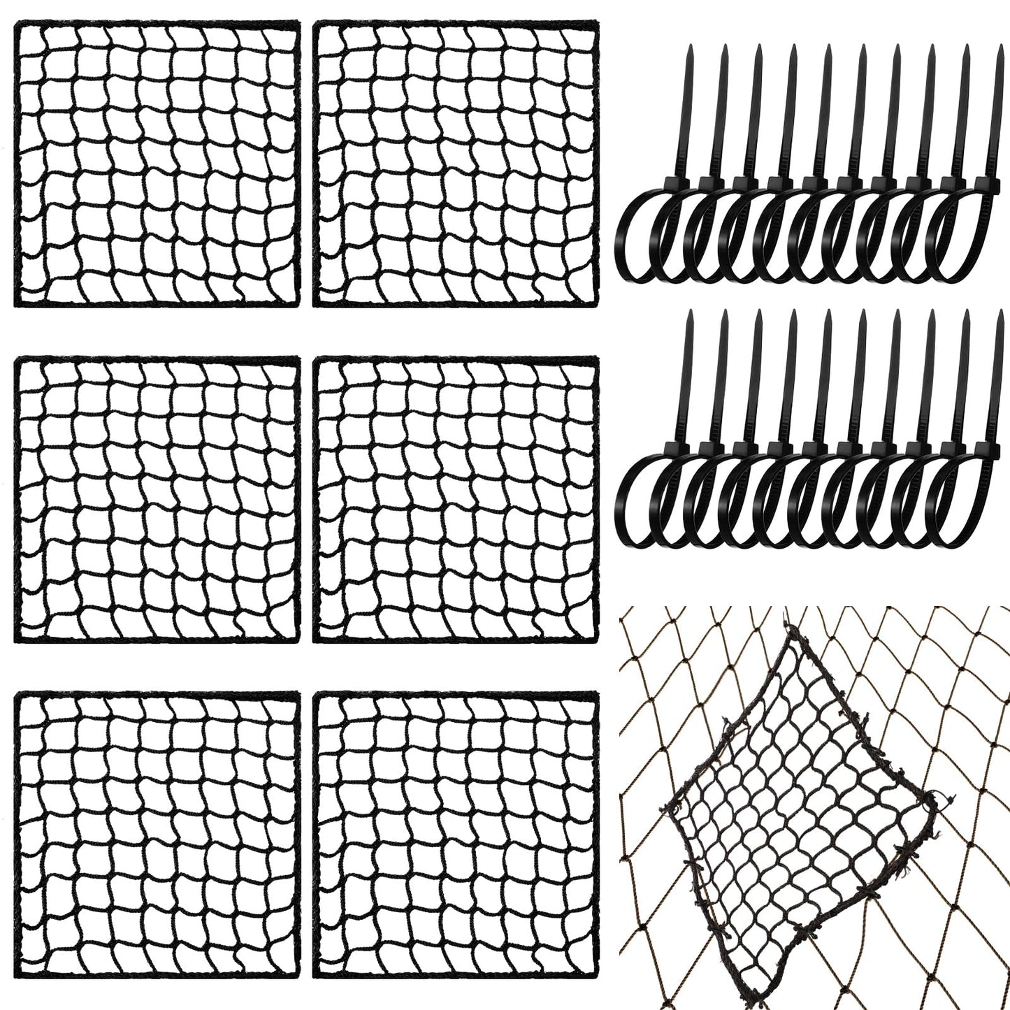 GliCraft 6 Pcs Universal Sports Net Repair Kits with 100 Pcs Zip Ties Golf Goal Nylon Netting Hole Replacement Patch for Baseball Batting Cages Soccer Football Hockey(8 x 8 Inch,Black)