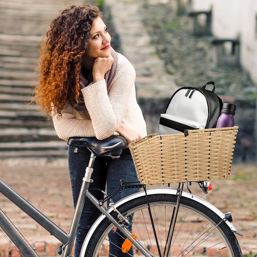 ANZOME Bike Basket Rear, Woven Rectangular Bike Basket with Waterproof Cover & Cargo NetMount on The Back Seat Fits for Most Rear Bike Racks