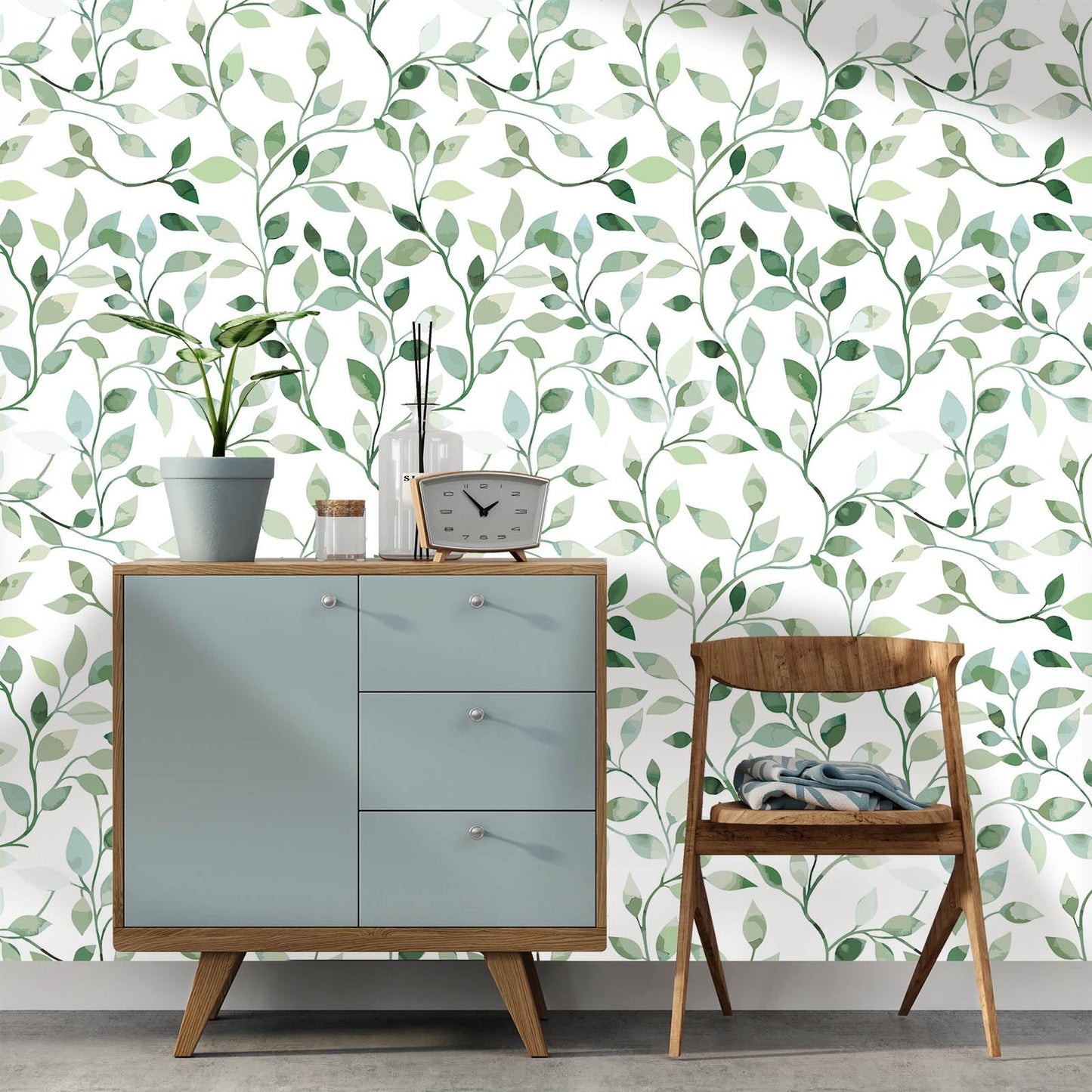Wookmmy Modern Blue and Sage Green Leaf Peel and Stick Wallpaper Botanical Design Removable Self Adhesive Vinyl Contact Paper for Bathroom Waterproof Cabinets and Farmhouse Wallpaper 17.7" x 70.8"