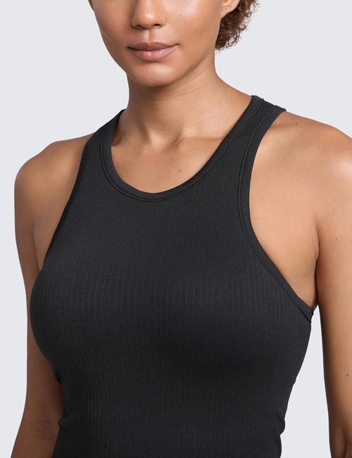 CRZ YOGA Seamless Ribbed High Neck Tank Top - Women's Sleeveless Crop Yoga Shirt with Built-In Bra