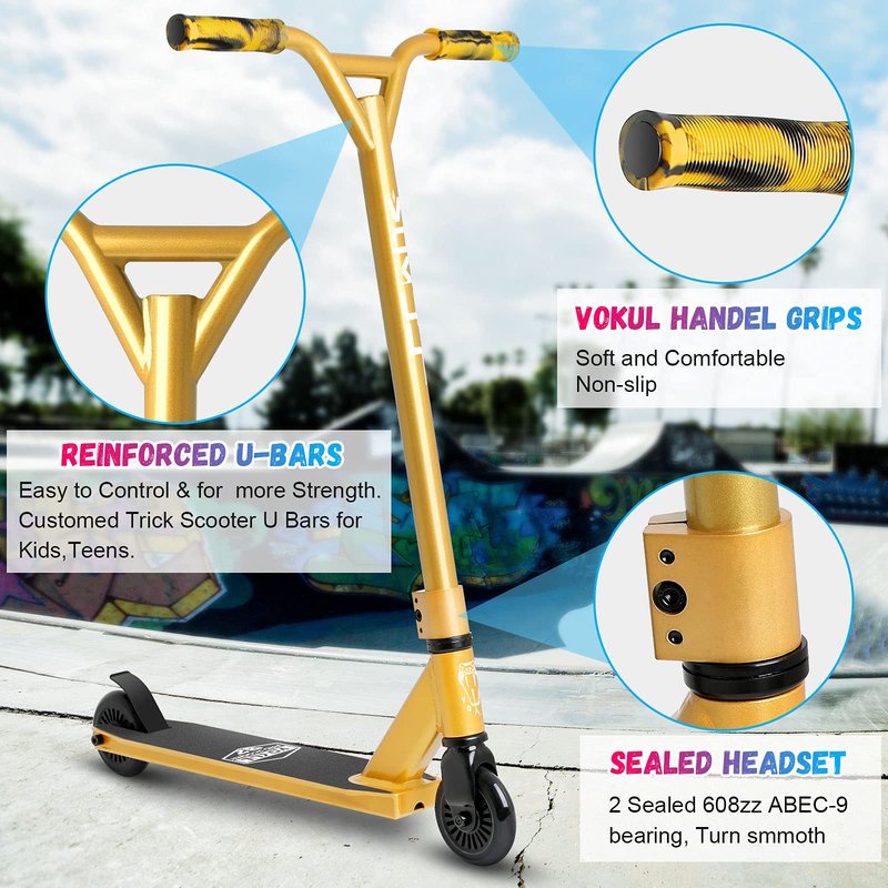 VOKUL Gold Pro Stunt Scooter - Entry Level Tricks Freestyle Pro Scooter for Age 6 Up Kids,Boys,Girls - Reinforced 20" L4.1 W Deck(Gold)