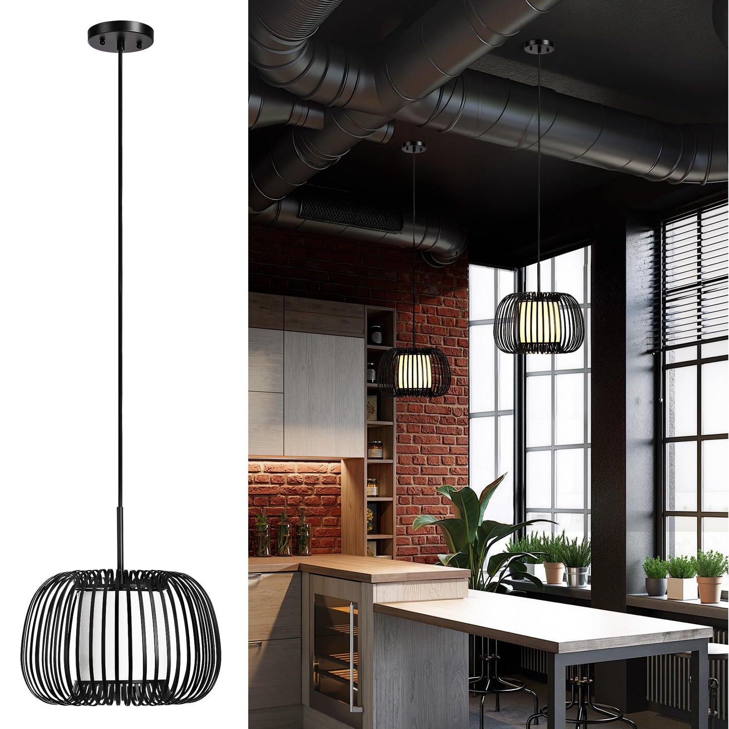 Black Chandeliers Ceiling Light Fixture, 13.7" Modern Chandelier Drum Metal Frame Pendant Light, Adjustable Hanging Chandelier for Over Table Dining Room Entryway Kitchen Island Living Room(1 Pack)