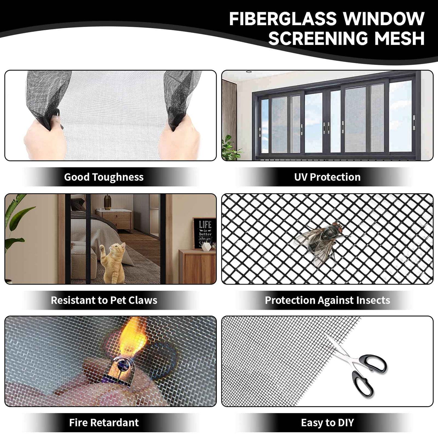 Window Screen Door Repair/Replacement Kit,48" x178" Adjustable Durable Fiberglass Window Screen Mesh,with Spline/Roller/Hook/Clips Screen Door Repair Kit,DIY Window,Porch Sliding Door(Black)