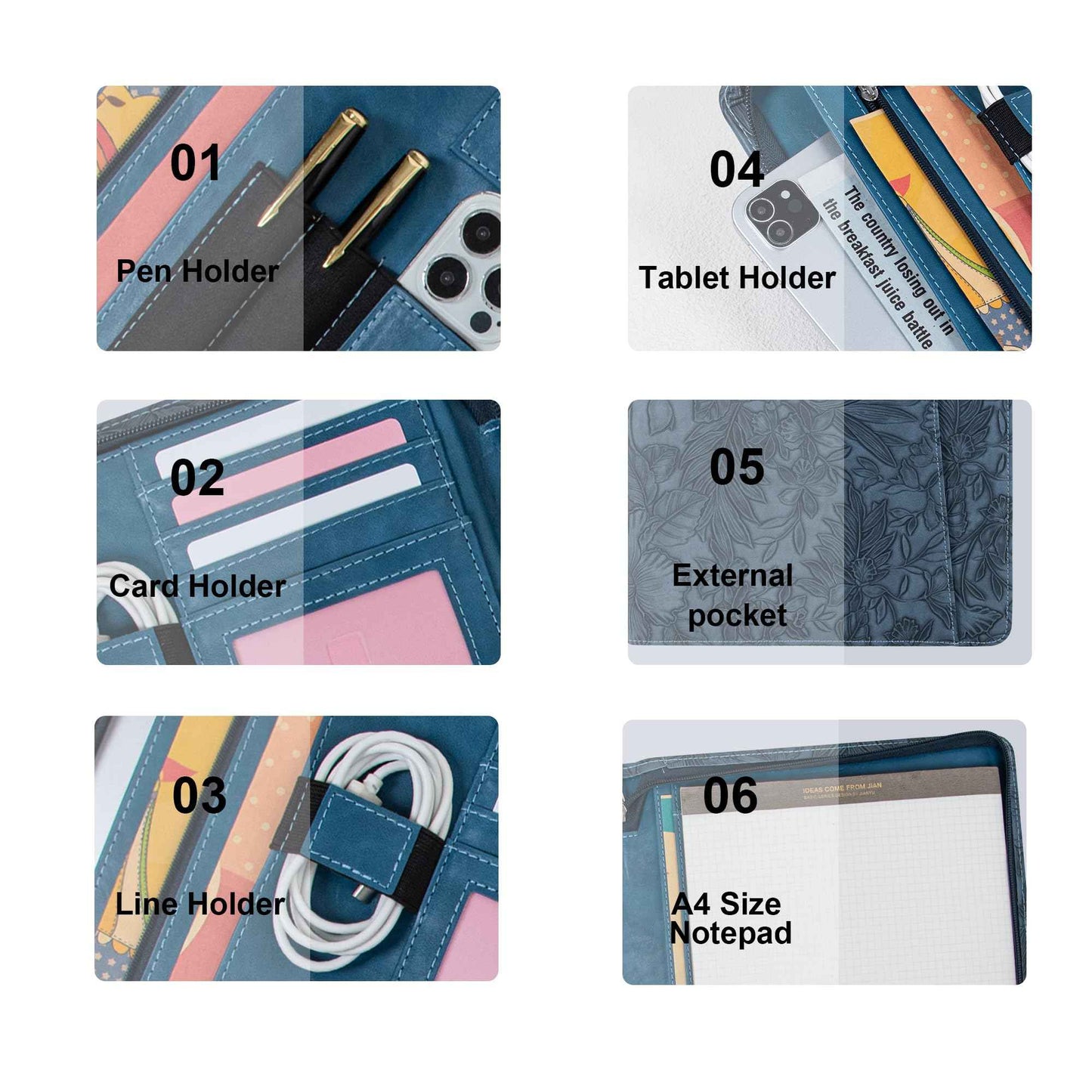 Embossed Vegan Leather Portfolio for Women,Professional Organize Padfolio with A4 Notepad Holder,Professional Business Document Organizer for Women (Blue)