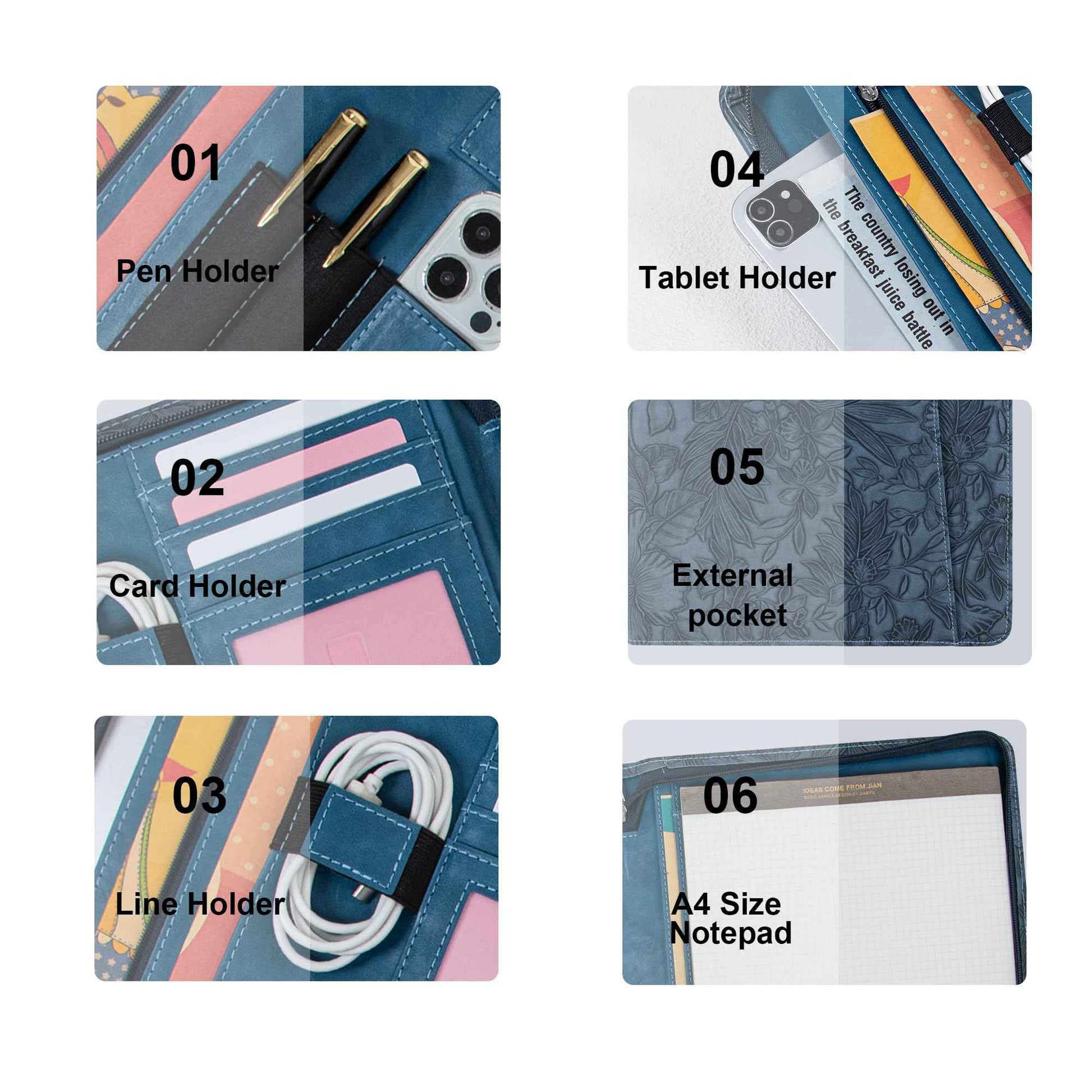 Embossed Vegan Leather Portfolio for Women,Professional Organize Padfolio with A4 Notepad Holder,Professional Business Document Organizer for Women (Blue)