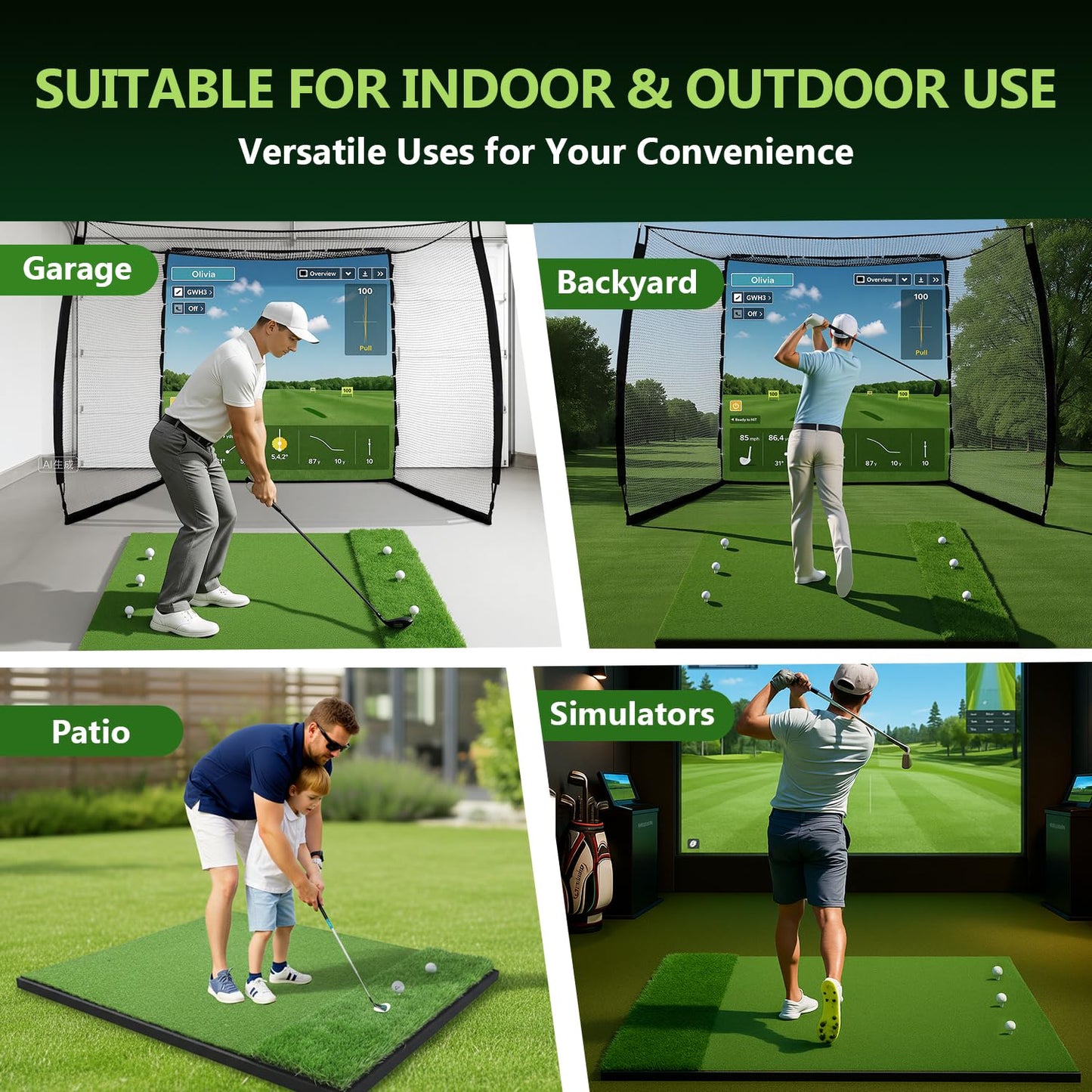 Golf Hitting Mats 31mm&55mm, 5x4ft/5x5ft Golf Mat Practice Outdoor & Indoor, Golf Practice Mat with 9 Tees, Heavy Duty Artificial Dual Turf Matt for Training Chipping Driving Swing Backyard Simulator