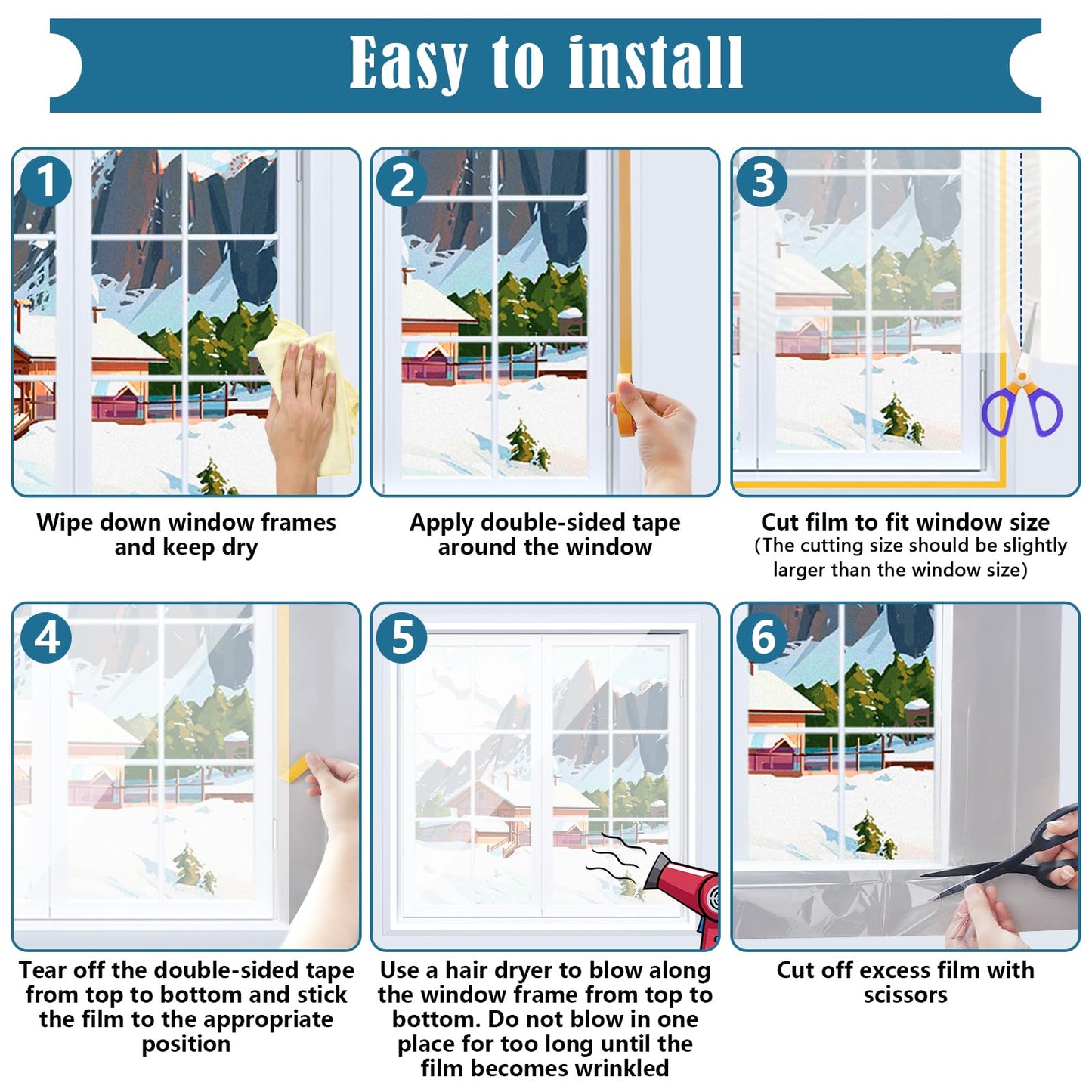Window Insulation Kit, 63 × 394 Inch Plastic Window Coverings for Winter, Thicken Window Shrink Film Insulator Kit Windows Waterproof Winterizing with 5 Double-Sided Tape for 10 Pcs 3 x 5 Ft Windows