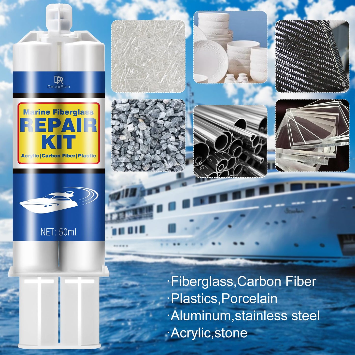 Marine Fiberglass Repair Kit - 3.4oz White Gel Coat & Gelcoat Repair Kit for Boats, Fiberglass Repair Epoxy Filler, Fast Repair for Scratches, Cracks, Holes, Fiber Glass Patch Kit for Acrylic