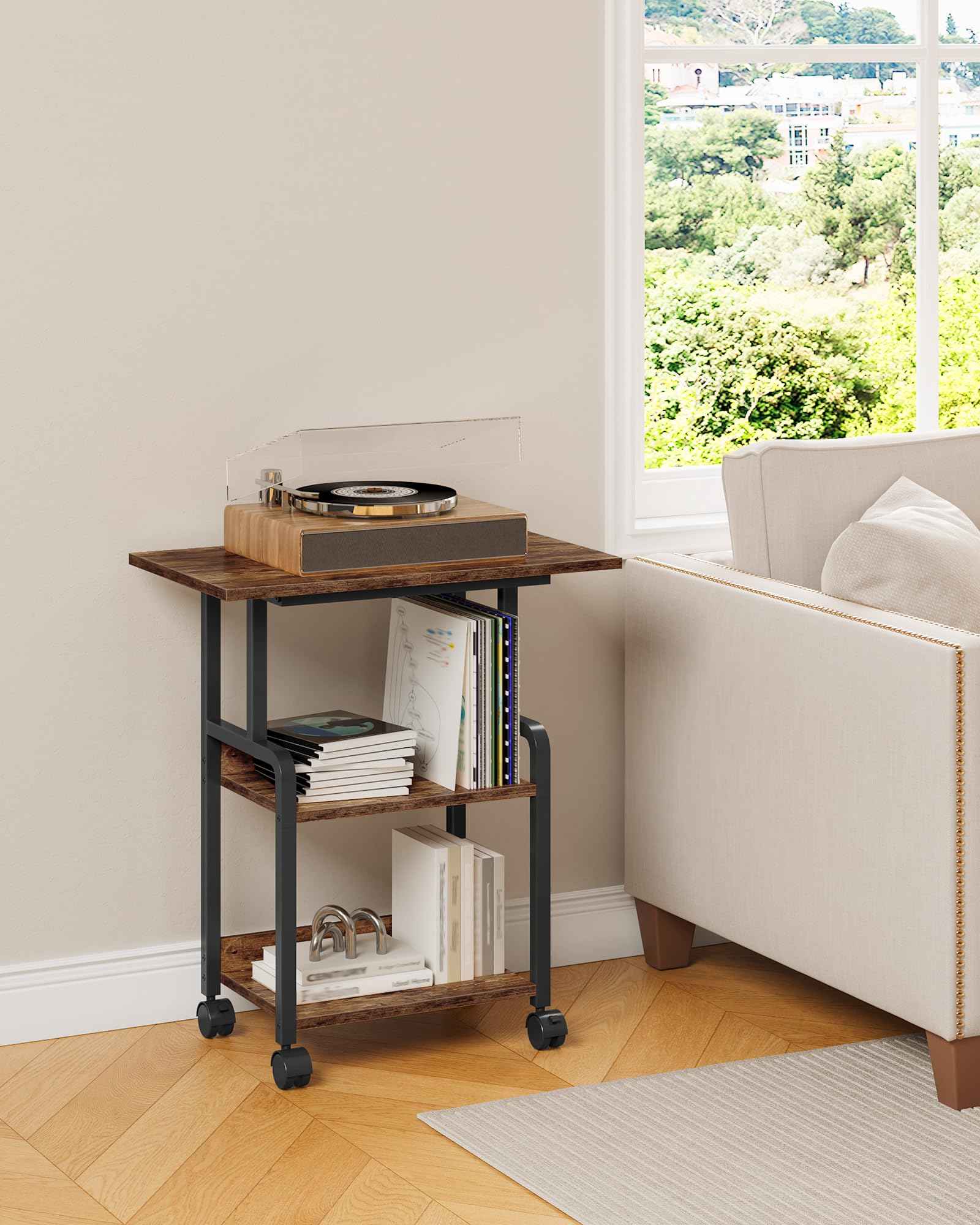 CHOEZON 23.6-in Printer Stand with Storage, 3-Tier Printer Table for Home Office, Printer Cart Under Desk Storage, Suitable for Study, Kitchen, Living Room, Rustic Brown and Black TPS02BF