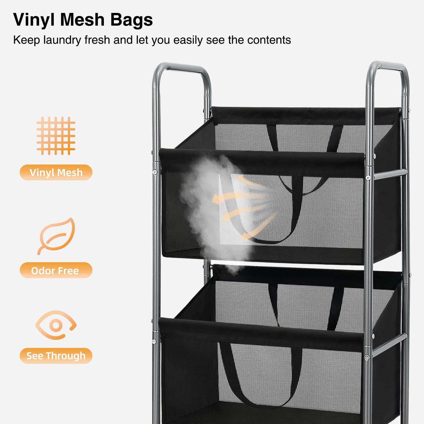 STO STO 3-Tier Vertical Rolling Laundry Hamper, Removable Bags, Black Mesh