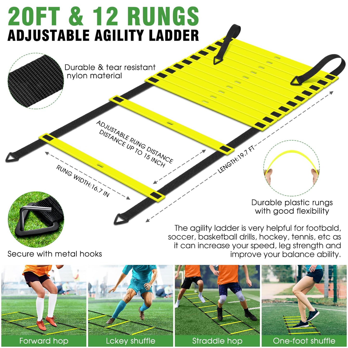 X-UMEUS Agility Ladder Speed Training Equipment Set-20ft Agility Ladder,12 Soccer Cones,4 Hurdles, Jump Rope, Running Parachute| Basketball Football Soccer Training Equipment for Kids Youth Adults