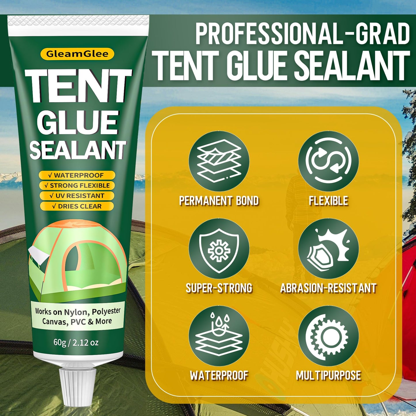 Tent Repair Glue Seam Sealer, Waterproof & Flexible Sealant Adhesive for Tent, Sleeping Pads, Awning & Groundsheet Repair and Outdoor Fabric, Works on Nylon, Canvas and Vinyl - 60ml / 2.12oz