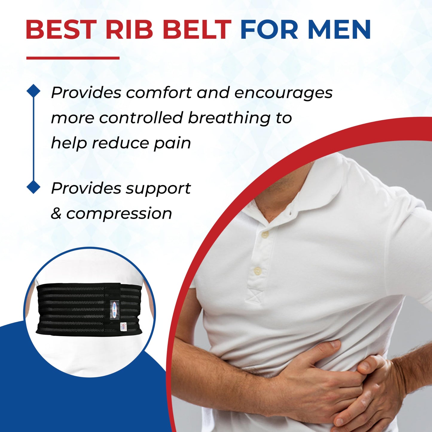 ITA-MED Breathable Elastic Rib Brace for Men, Ideal Compression Support Wrap/Belt for Broken, Cracked, Dislocated & Fractured Ribs, Made in USA (Black, XL)