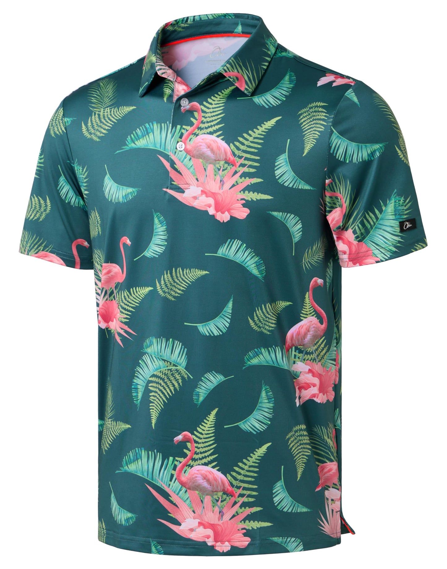 Obla Men's Print Golf Polo Shirts (Green Flamingo_L)