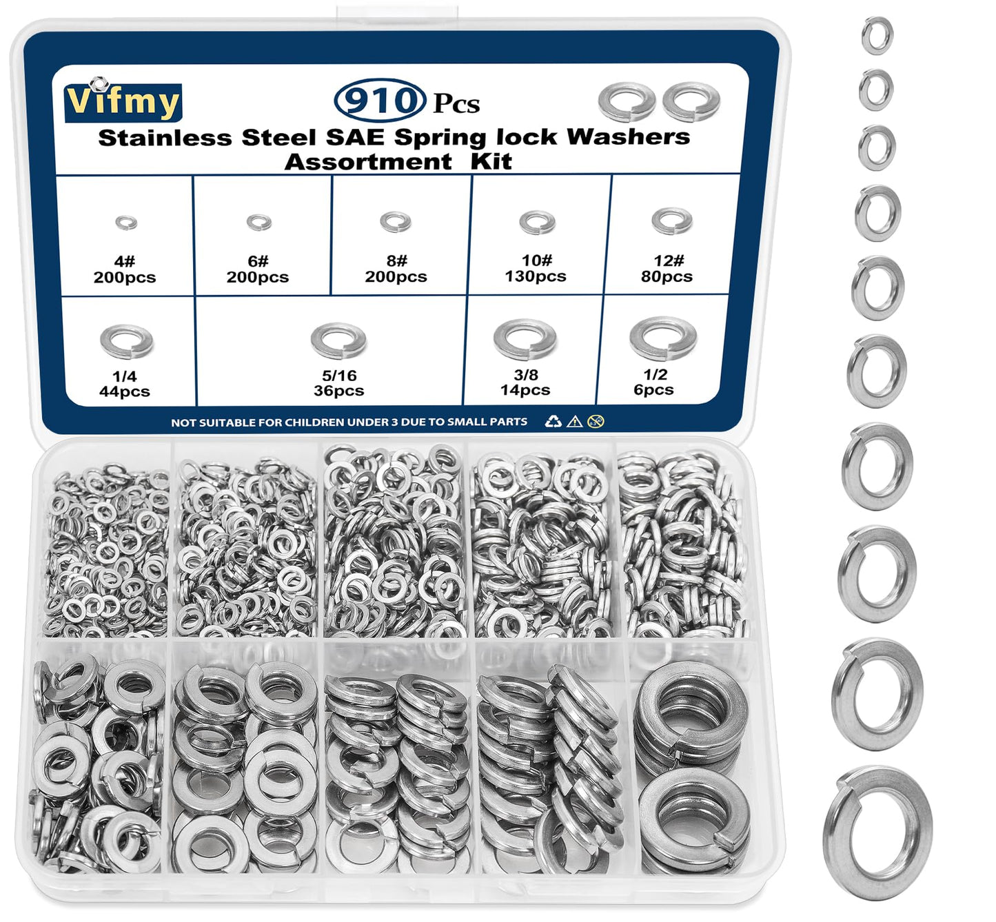 Vifmy SAE Spring Lock Washers Assortment Kit(910 Pack), #4#6#8#10#12 1/4" 5/16" 3/8" 1/2" SAE Split Lock Washer Set, 304 Stainless Steel Lock Washers for Screws Bolts