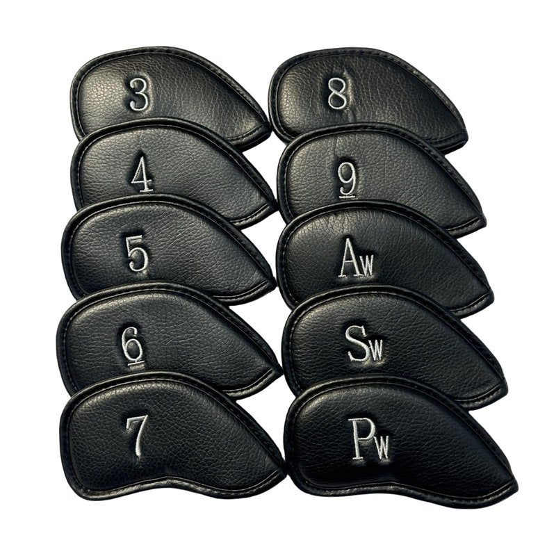 Premium PU Leather Golf Headcovers Set - 10pcs Skull Skeleton Iron Headcovers #3-9, PW, SW, AW - Black Club Protective Case