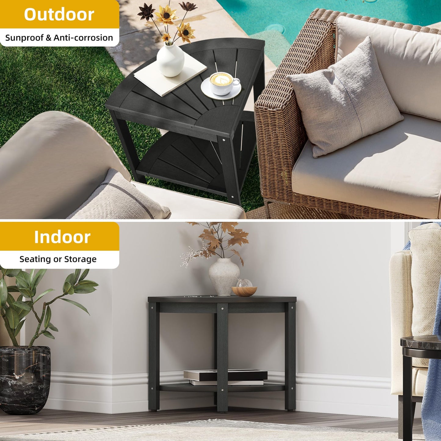 DWVO Poly Lumber Shower Bench 17" Shower Stool Corner Bench with Storage Shelf, Wood Texture Corner Seat for Bathroom, Spa, Corner Shower Stool for Bathroom Living Room (Black)