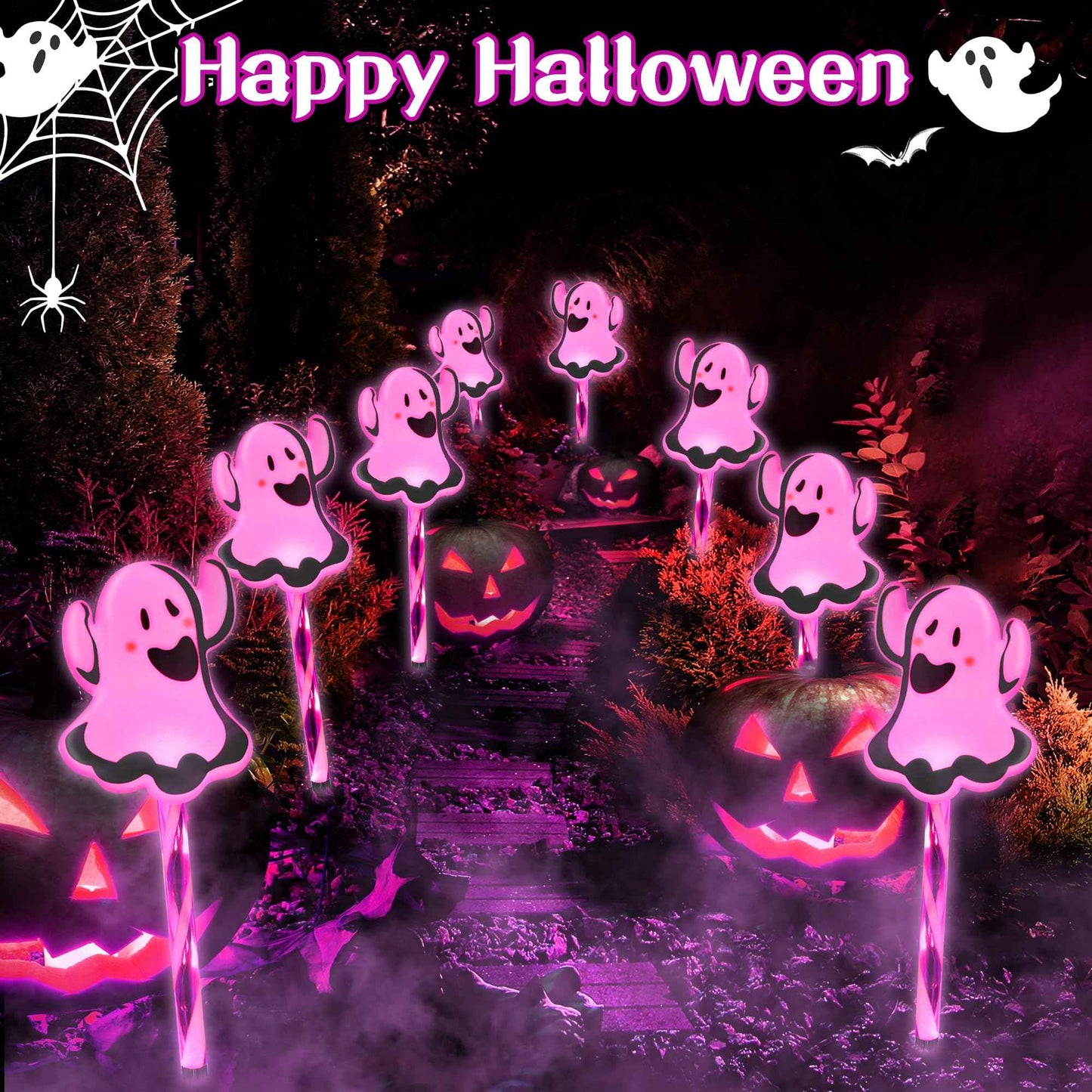 6 in 1 Halloween Ghost Pathway Light, 6 Pack Ghost Stake Lights with Pink LED, Waterproof Outdoor Decoration Ghosts Pathway Marker Lights for Lawn Walkway Yard Garden Party Decor