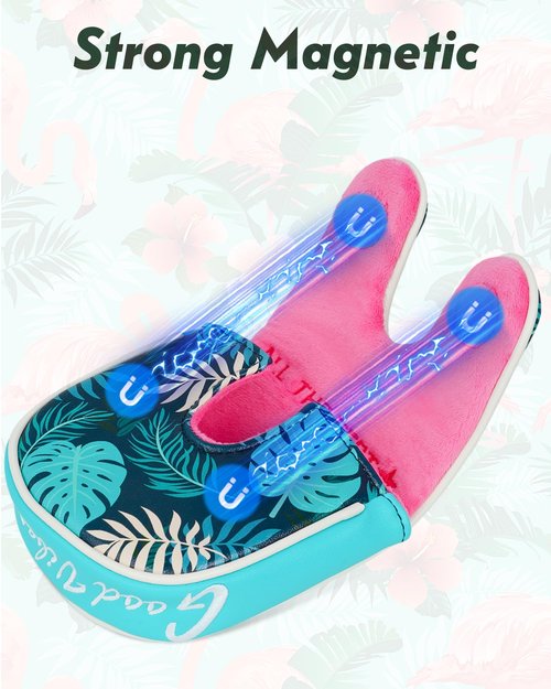 Big Teeth DF3 Putter Headcover for LAB Golf DF3 Zero Torque Mallet Putter – Leather Magnetic Closure Center Shaft Mallet Putter Cover – Tropical Flamingo & Palm Embroidery, Water & Stain Resistant
