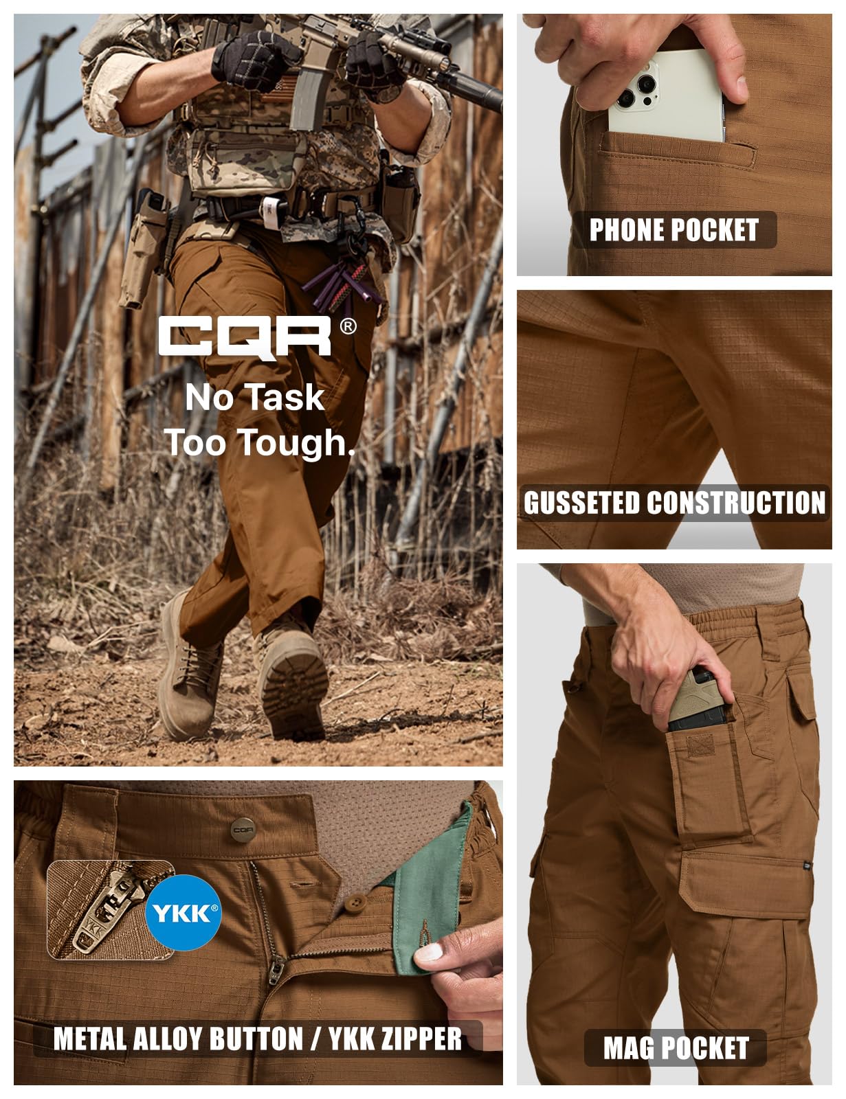 CQR Men's Tactical Pants, Water Resistant Ripstop Cargo Pants, Lightweight EDC Work Hiking Pants, Outdoor Apparel, Duratex Mag Pocket Copper Brown, 34W x 34L