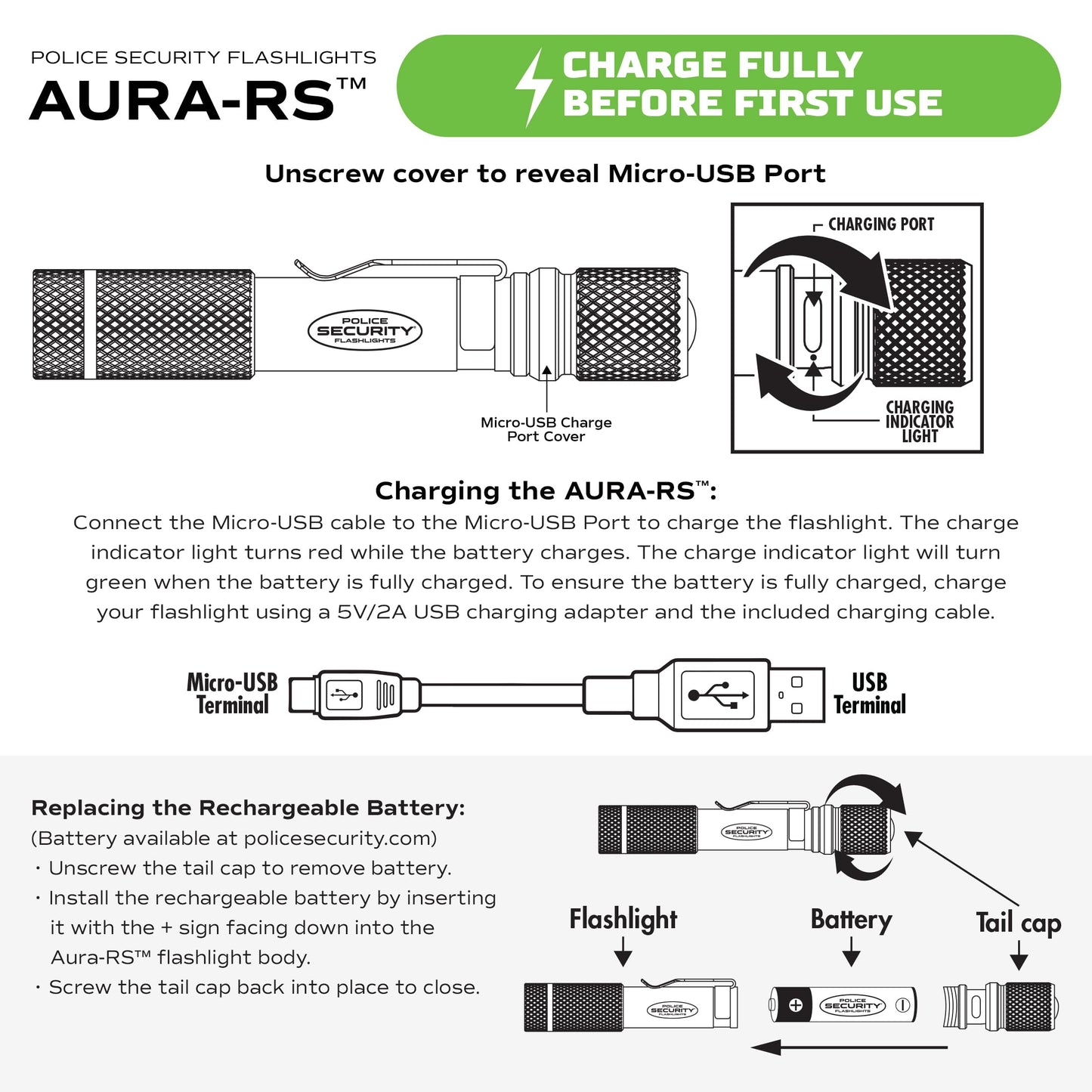 Police Security Aura-RS Ultra-Bright 260 Lumen Rechargeable Flashlight, Compact, 3 Modes, Slide Focus, Micro-USB Charging, Perfect for DIY Projects and Trade Professionals