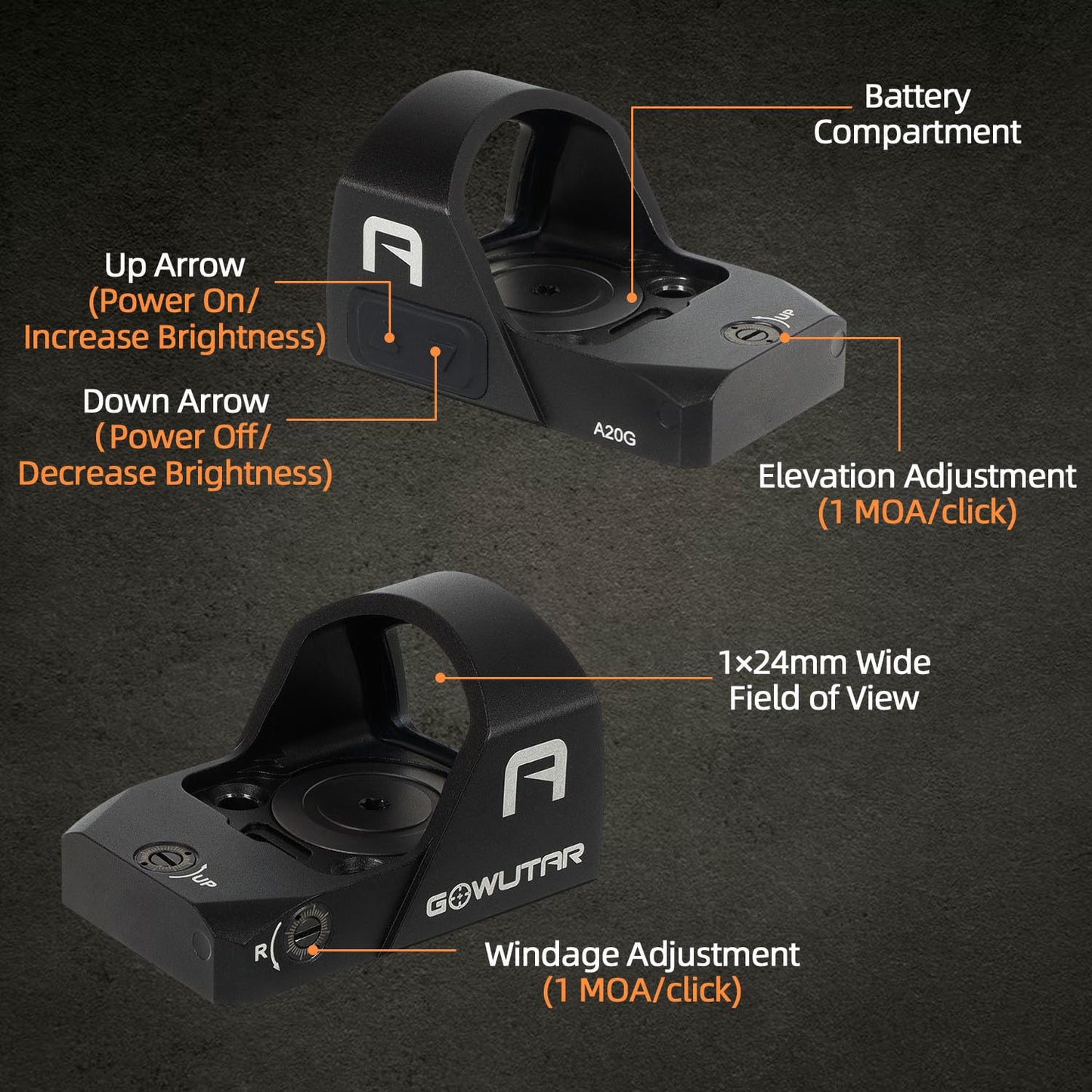GOWUTAR A20 Green Dot Sight for RMR Footprint 2 MOA Shake Awake Reflex Sight Pistol Optic Rifle Scope with Picatinny Mount