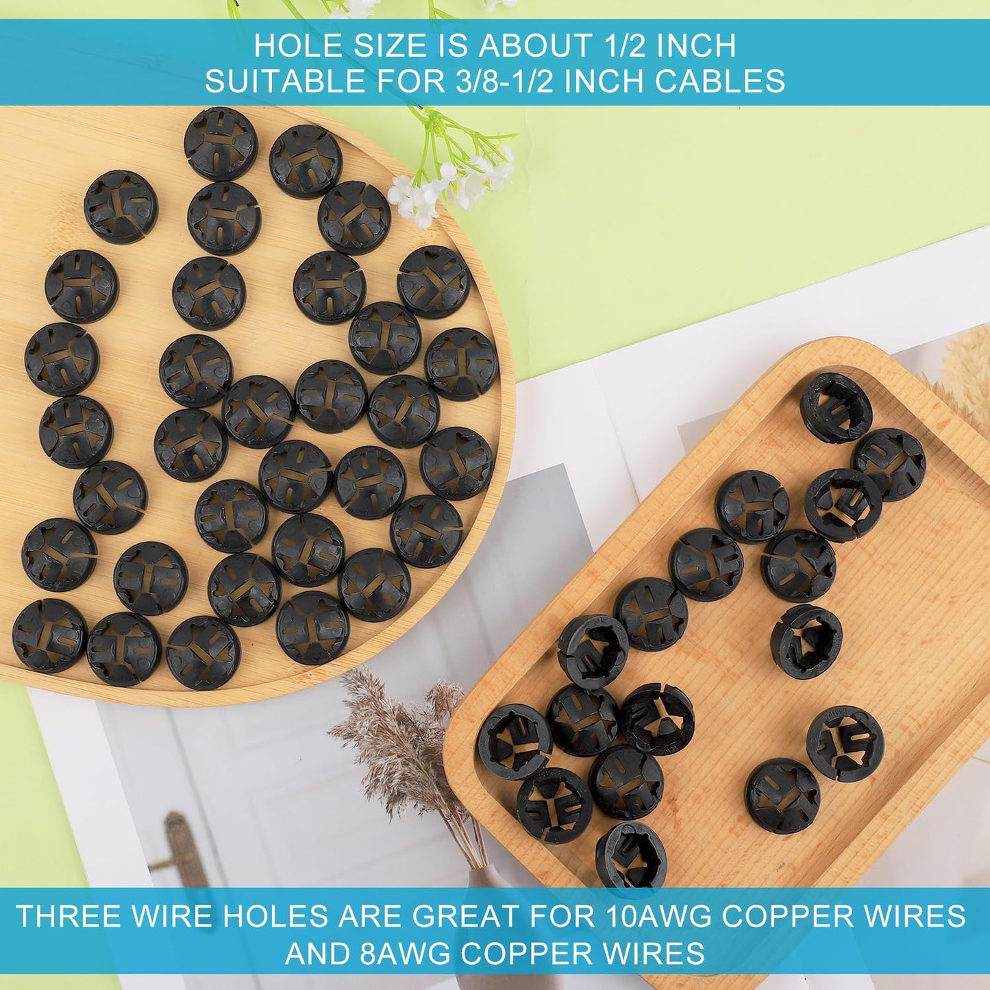 50pcs Push-in Cable Connectors, 3/8 Inch Trade Size Non-Metallic Push In Connector Plastic Electrical Box Wire Inserts Button Push-in NM Cable Clamps Connector for 1/2 Inch Knockouts (Black)