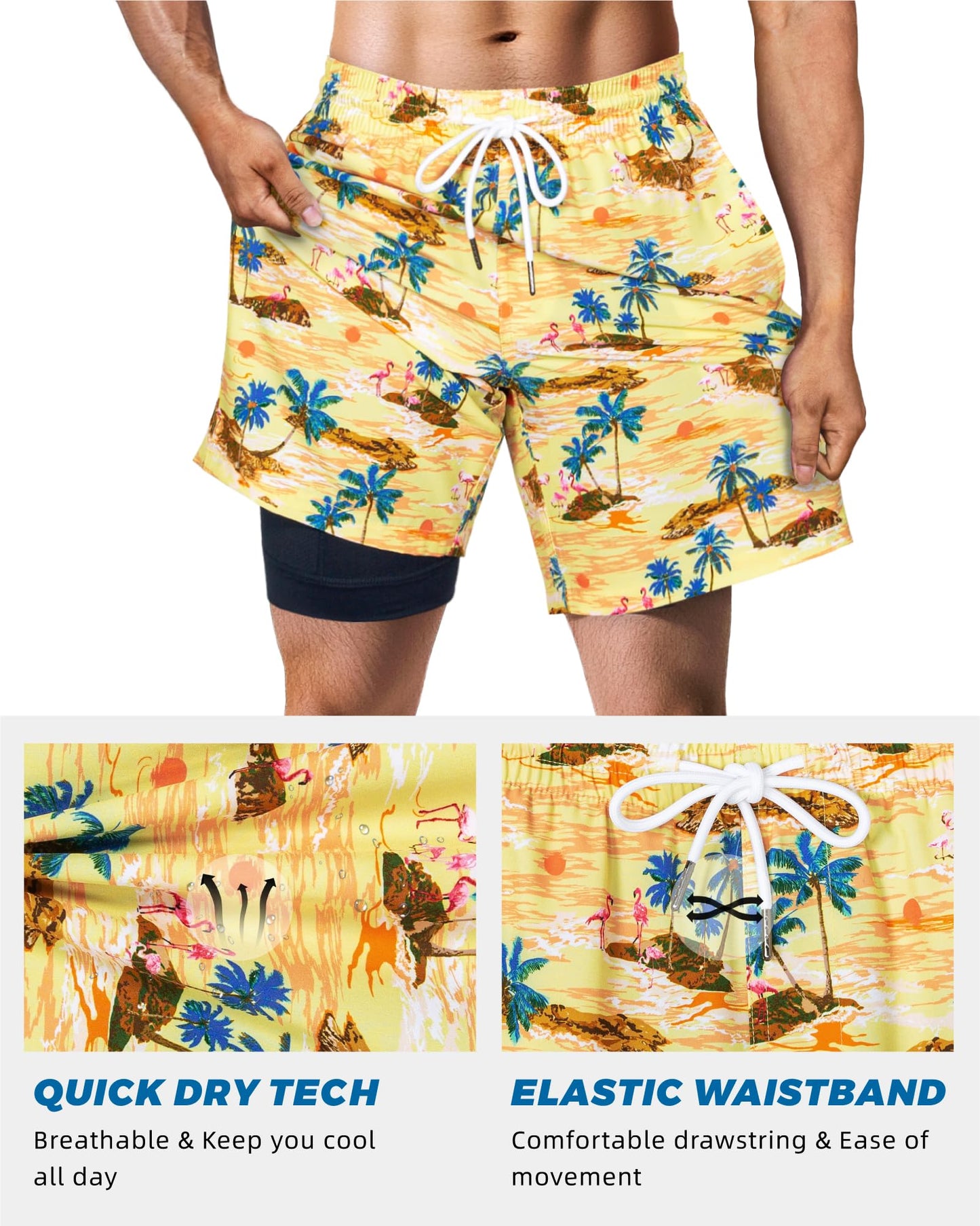 SURF CUZ Mens Swim Trunks with Compression Liner Quick Dry Swim Shorts 7" Swimming Trunks Stretch Zipper Pockets,Honey Flamingo,L