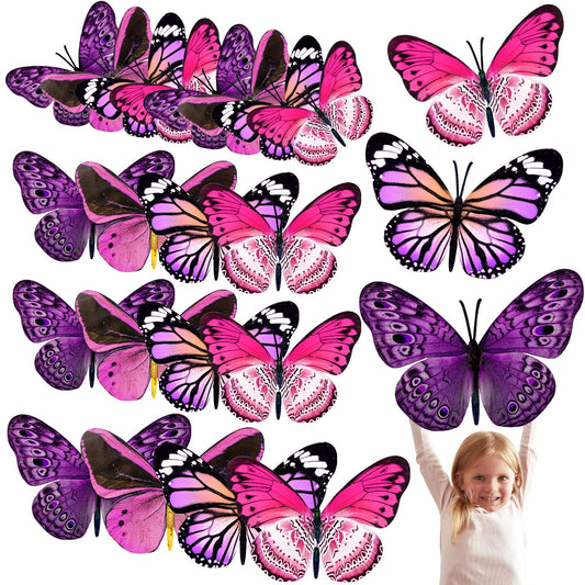 Geosar 20 Pcs 3D Large Monarch Butterfly Party Decoration 2 Layer Giant Paper Butterfly Stickers for Birthday Baby Shower Nursery Wall Decor (Purple,Rose Red)