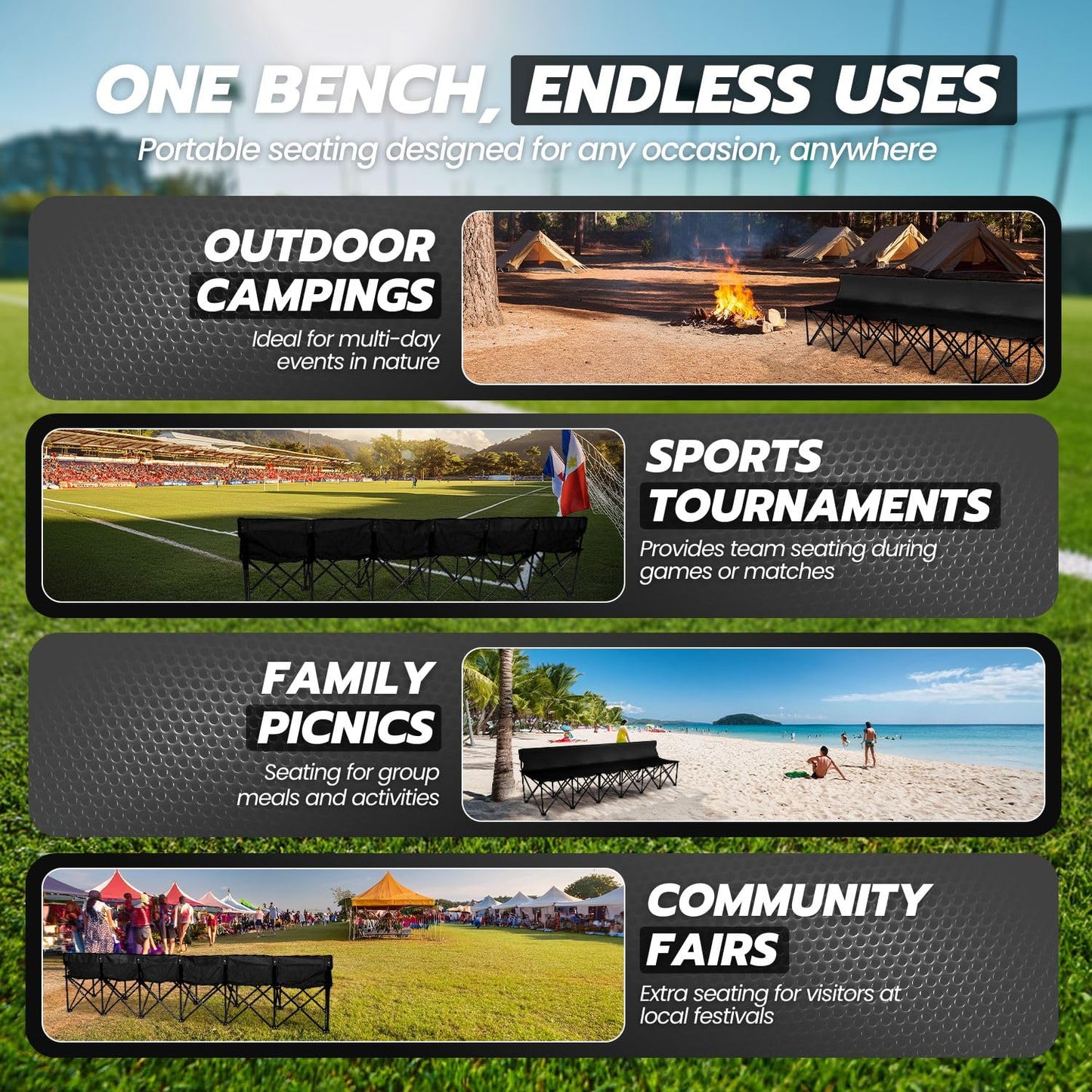 Flexzion Portable Folding Bench Seat, 6 Seater, Collapsible Soccer Bench, Portable Bench Seats for Bleachers, Camping, Sideline, with Back Rest and Carrying Bag, Black