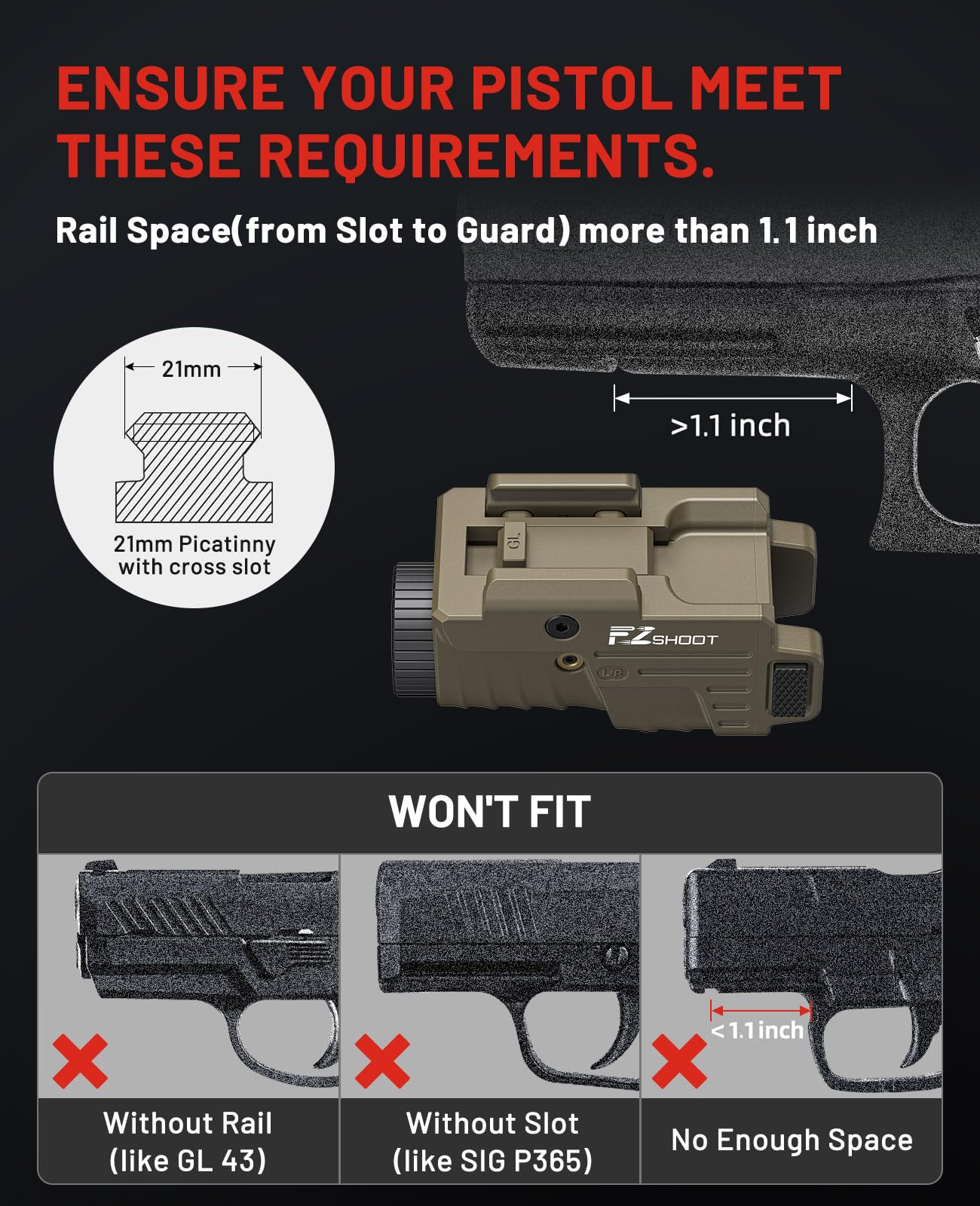 EZshoot 800 Lumens Pistol Light Laser Combo Rechargeable, Pistol Flashlight with Slidable Rail Compatible with Glock and Picatinny Rail, Gun Light with Red Laser Beam, Desert Tan