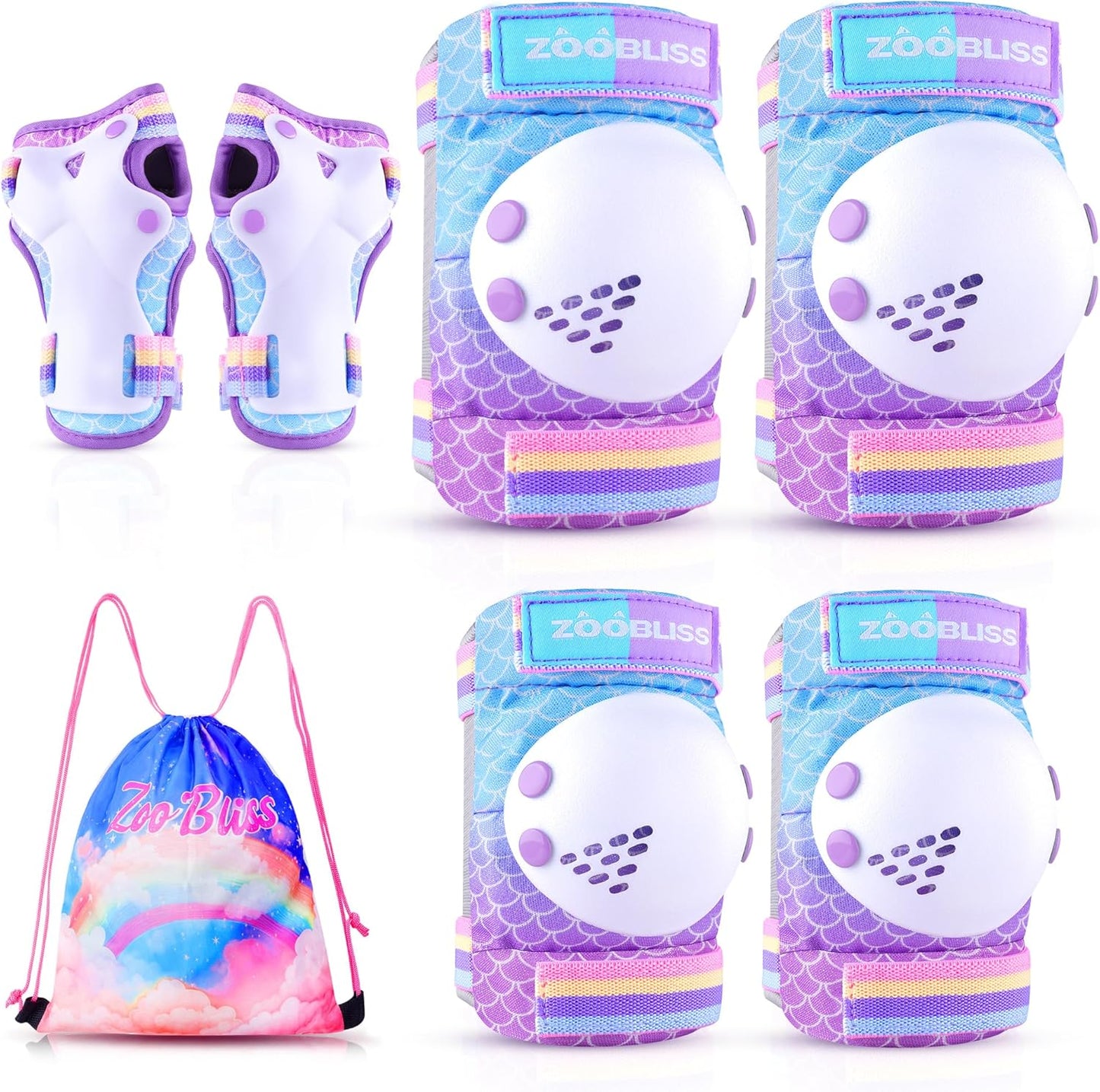 ZOOBLISS Kids Protective Gear Set - Toddler Knee and Elbow Pads with Wrist Guards for Skating | Rainbow
