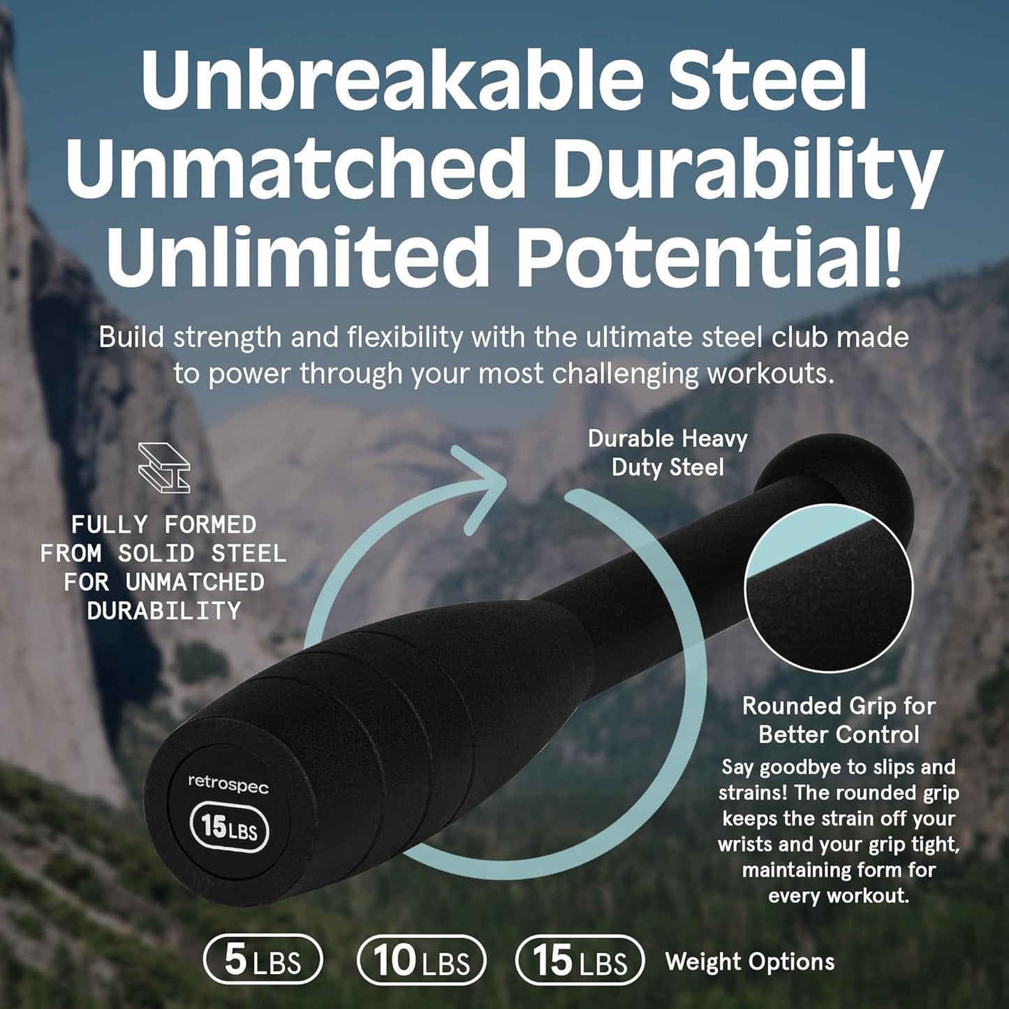 Retrospec Grip Steel Club - Versatile Strength Training & Rehabilitation Tool | 5, 10, 15lb Options for All