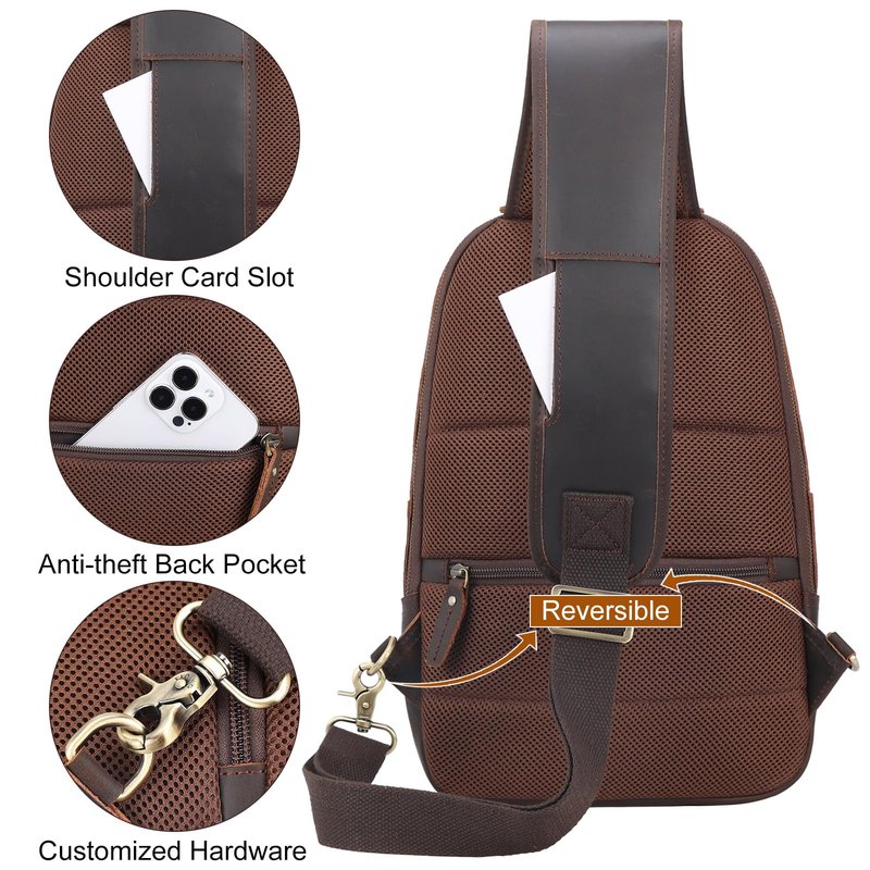 TIDING Full Grain Leather Sling Bag for Men, Vintage Crossbody Bag Outdoor Casual Chest Daypack fits 12.9" Tablet