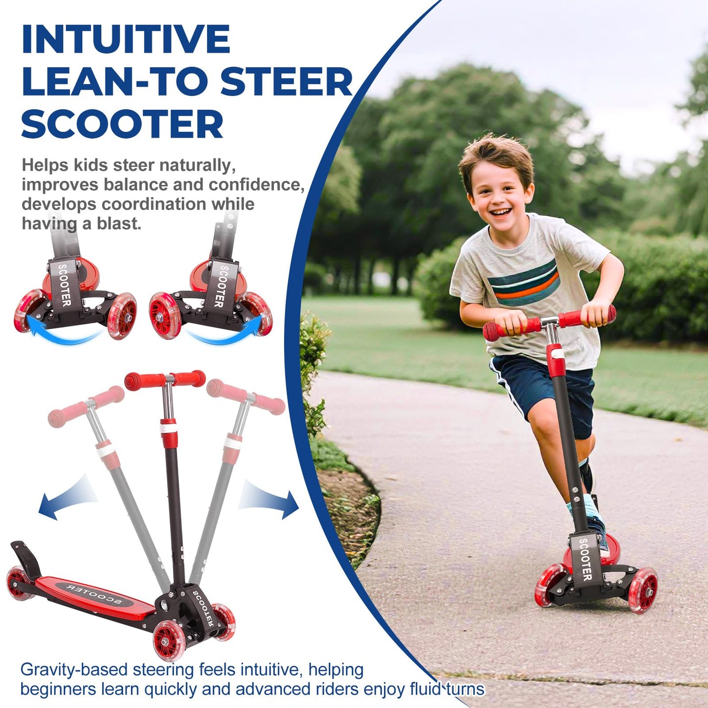 Children’s 3-Wheel Lean-to-Steer Scooter – LED Light-Up Wheels, Foldable, Adjustable T-Bar, Anti-Rust Frame, Ideal Outdoor Gift for Ages 3/4/5/6/7
