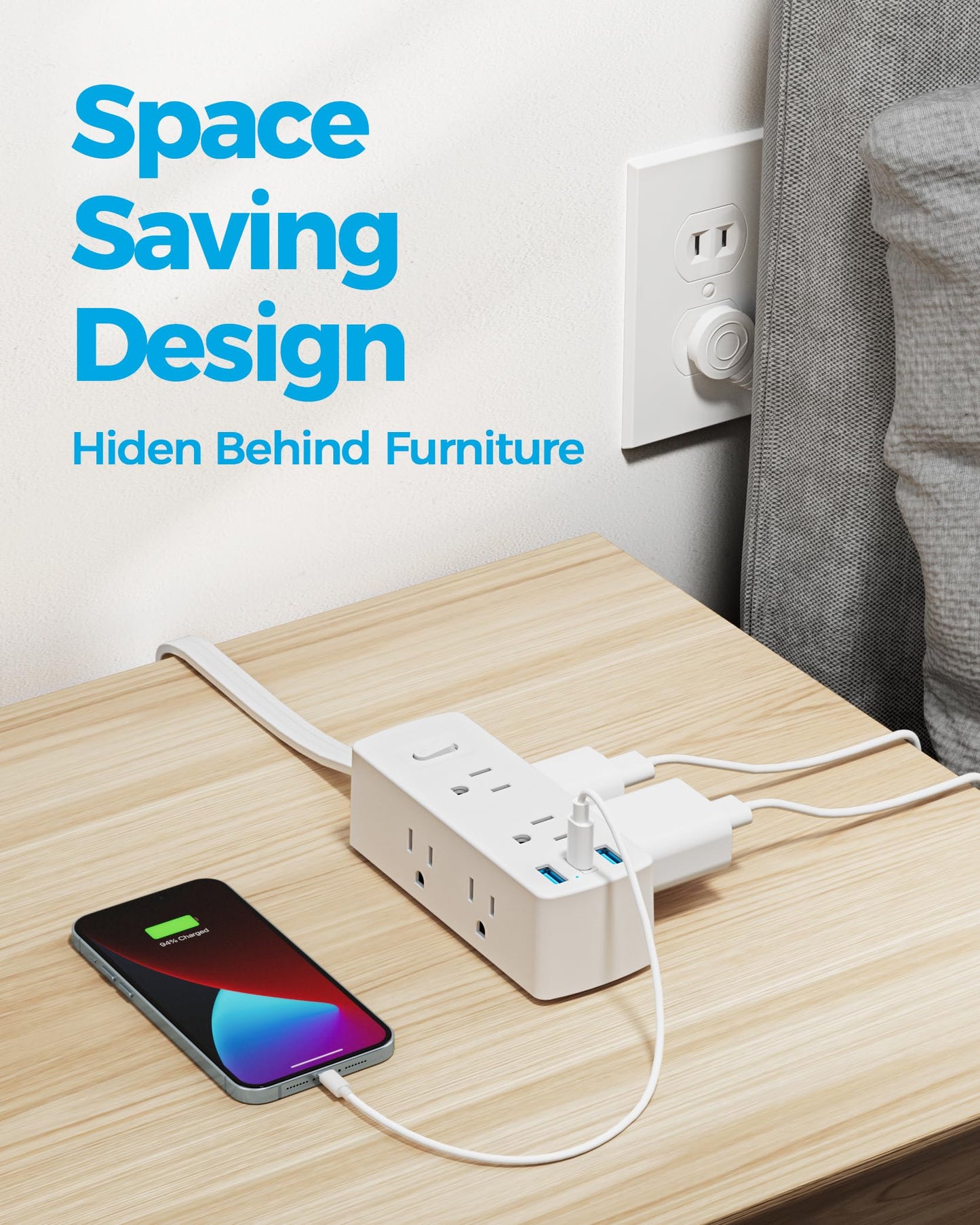 2 Prong Flat Plug Power Strip, Olcorife 2 Prong to 3 Prong Outlet Adapter, 5 FT Flat Extension Cord with 6 Outlets 3 USB Ports(1 USB C), 2000J Surge Protector, US to Japan Plug Adapter