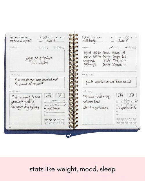 Kunitsa Co. Fitness Journal for Women - Track Workouts, Meals, and Weight Loss, Undated, Fits 120 Workouts, Dusty Blue, 6 x 8.5 Inches