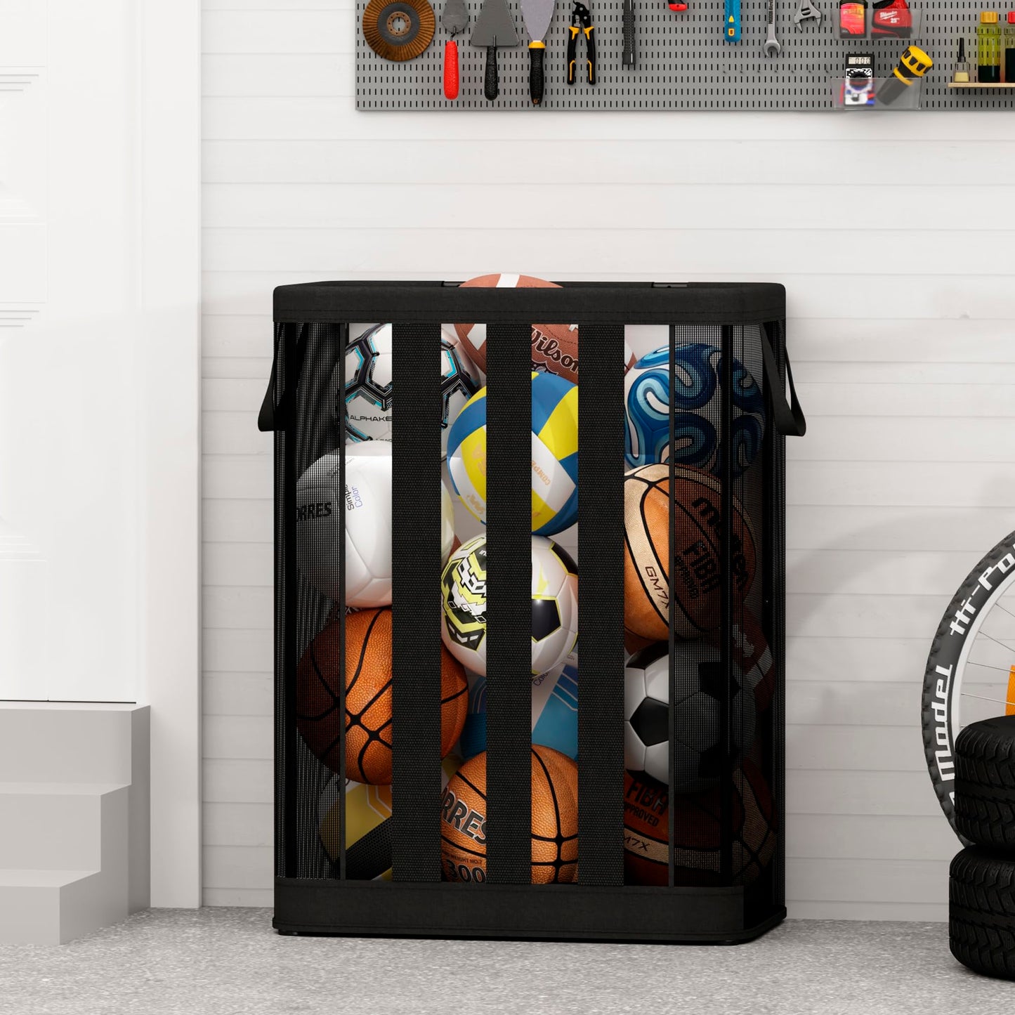 STO STO Ball Storage Basket, Wall-Mounted or Freestanding Garage Ball Organizer Holder, Holds up to 15 Balls, Sports Equipment Organizer with Elastic Front Access for Garage, Gym, Playroom, Black
