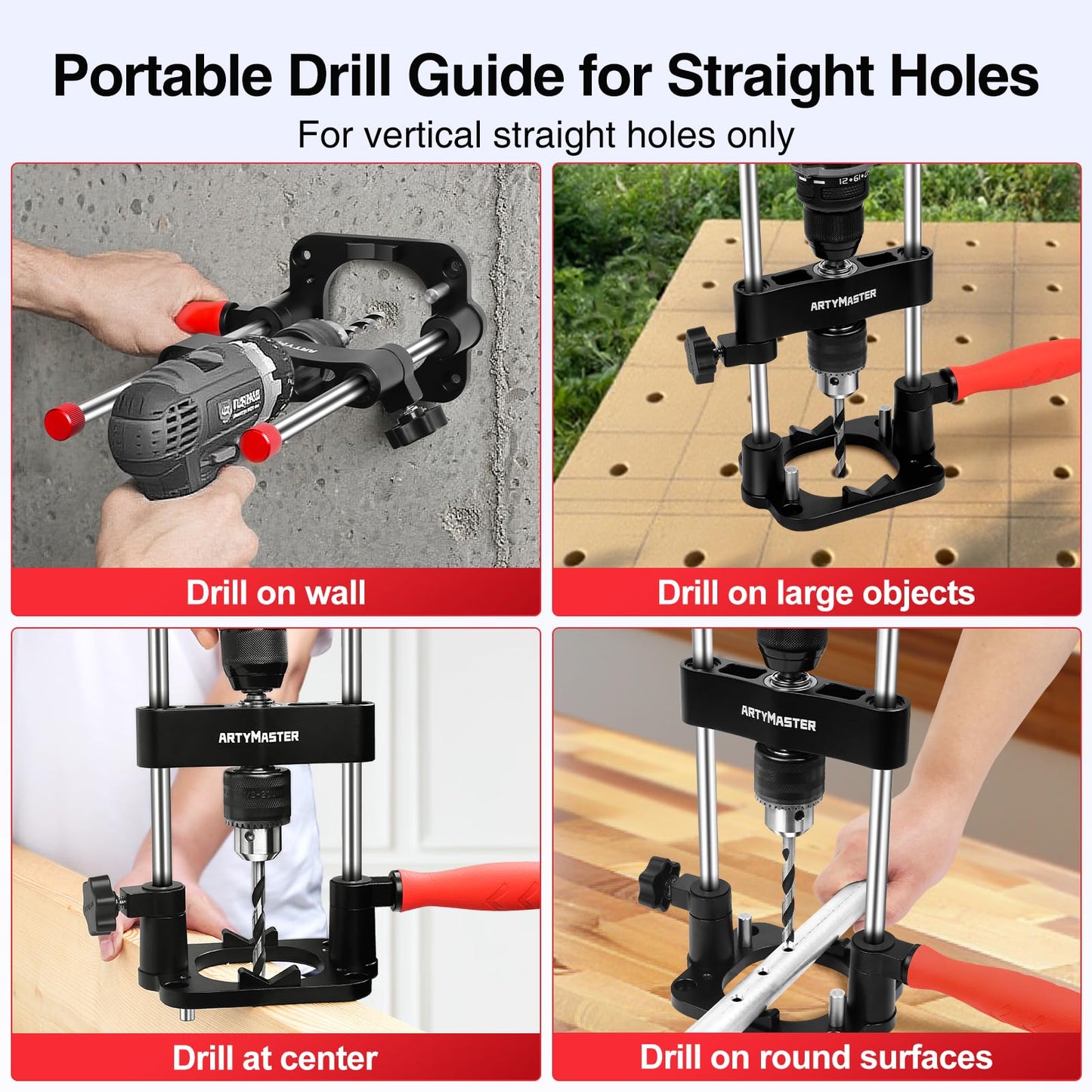 ArtyMaster Portable Drill Guide for Straight Holes, Portable Drill Press Adapter for Hand Drill, Stable & Accurate, Includes Chuck Key, Drill Straight Hole Jig for Woodworking, DIY WT116A