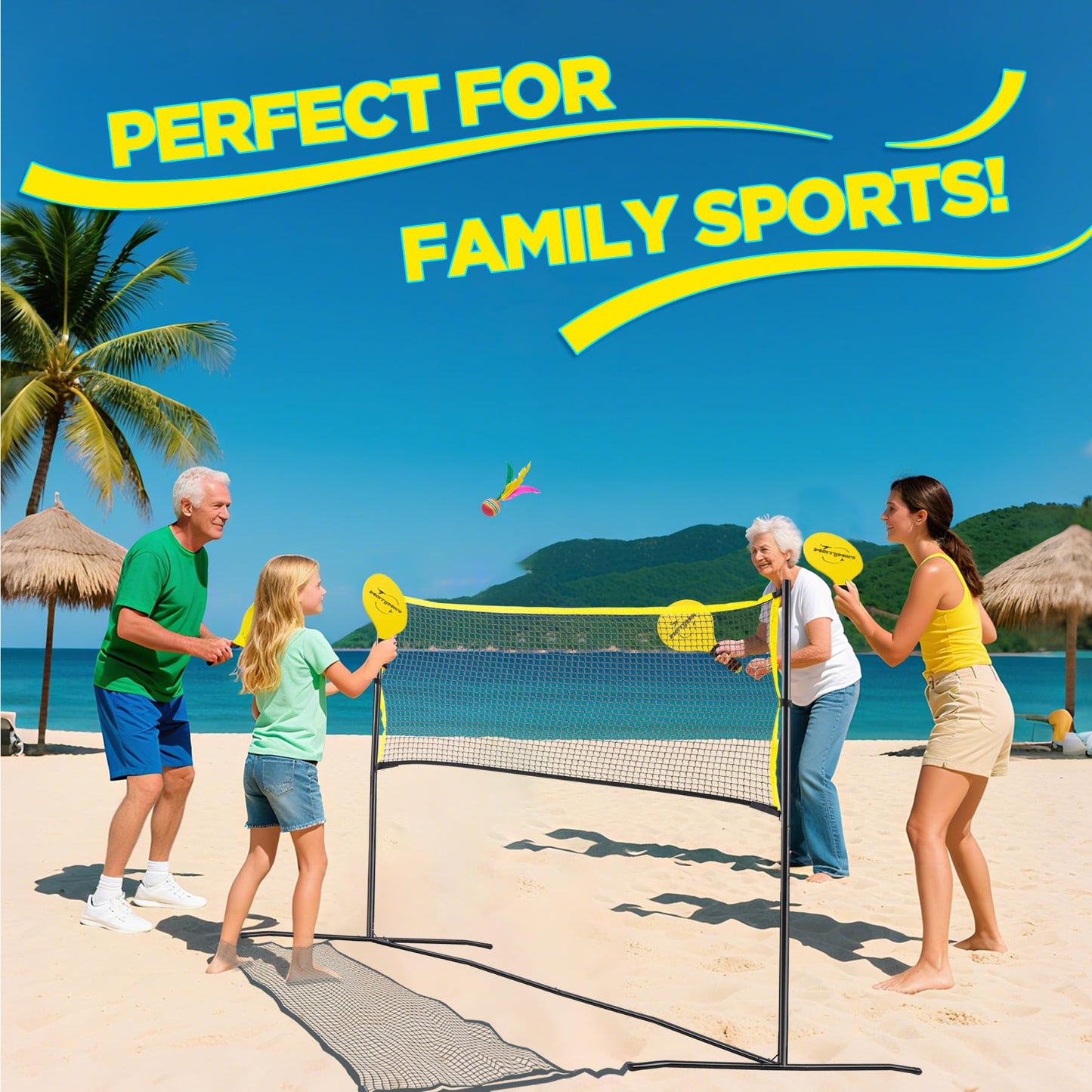 MerryMove 6ft Portable Pickleball & Paddle Ball Set: Easy Setup Paddle Game with Net, Similar to Badminton, Pingpong, and Jianzi, All-in-1 Set for Lawn, Backyard, Camping, Beach Indoor & Outdoor