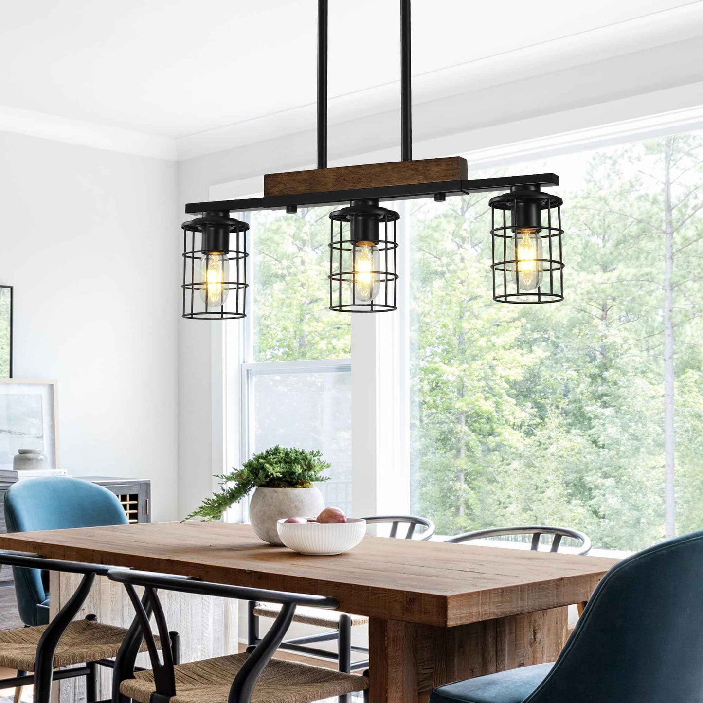 Dining Room Light Fixture/Chandelier Over Table, 23.3-Inch Hanging for Farmhouse Linear Chandeliers,3-Light Kitchen Island Lighting, Black Rustic Wooden Ceiling Chandelier,with Metal lampshade