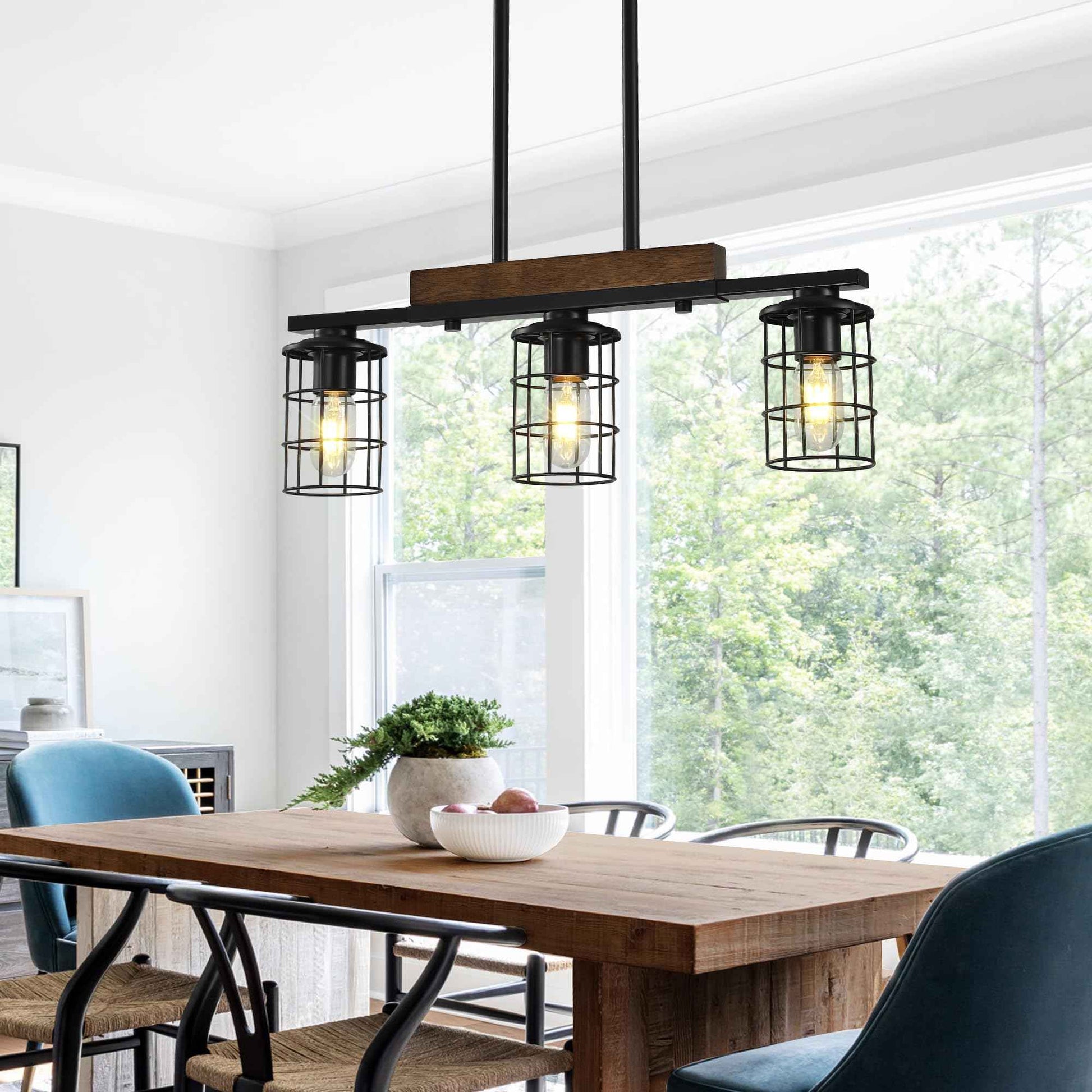 Dining Room Light Fixture/Chandelier Over Table, 23.3-Inch Hanging for Farmhouse Linear Chandeliers,3-Light Kitchen Island Lighting, Black Rustic Wooden Ceiling Chandelier,with Metal lampshade