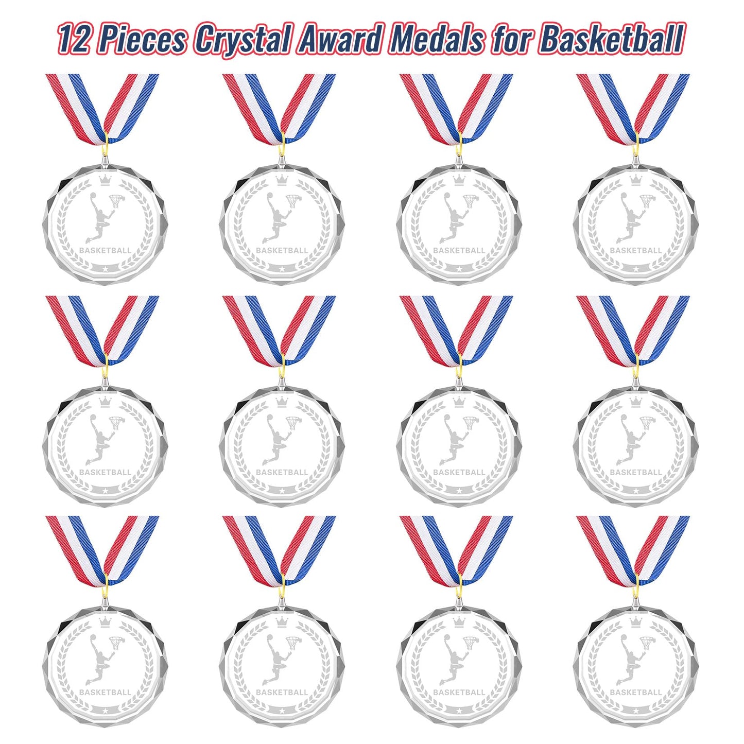 12 Pieces Crystal Award Medals Football Baseball Soccer Basketball Winner Medals, Crystal Medals with Neck Ribbons, Winner Gift Prize Award Medals for Kids Tournaments Match Sports Competition Teams